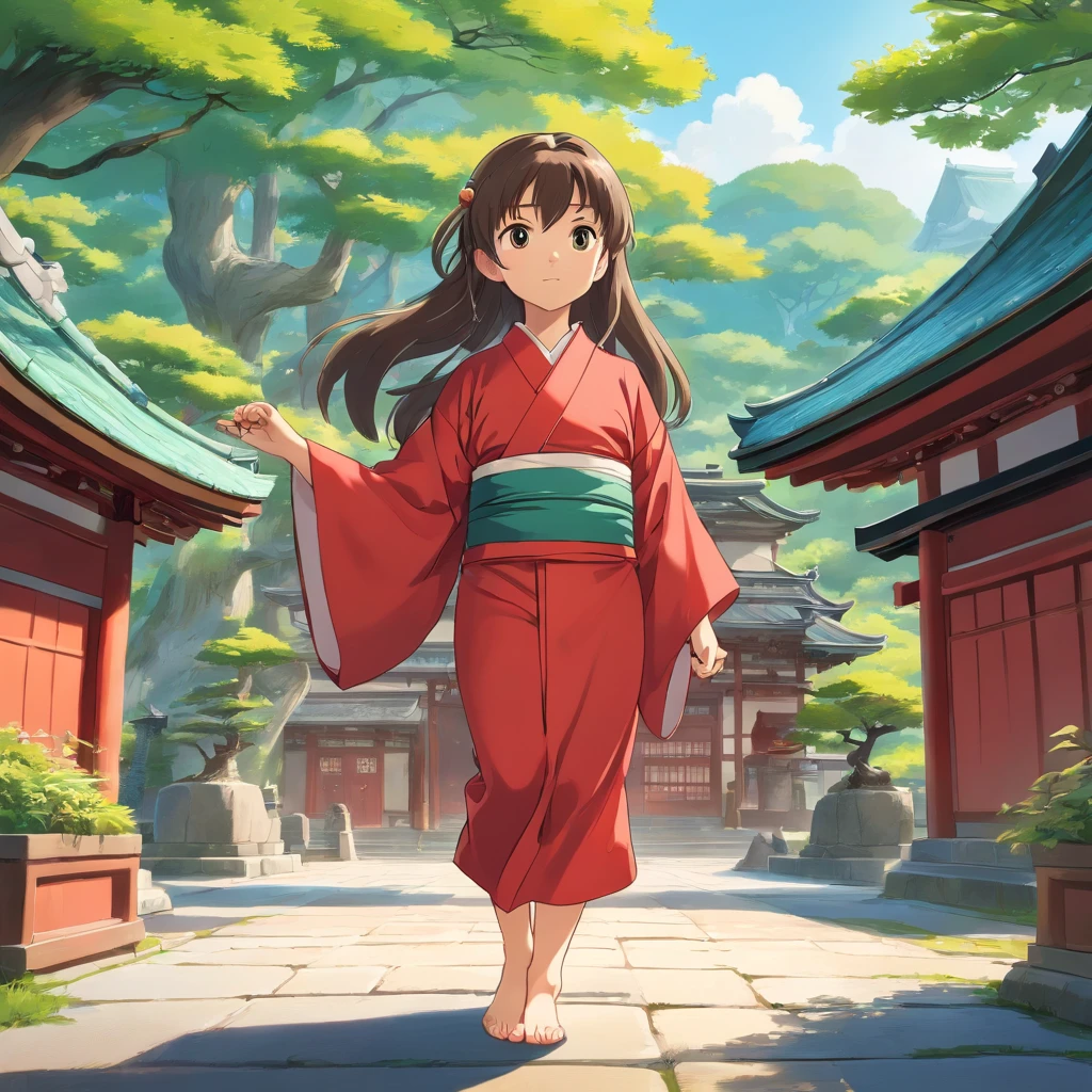 7 Japanese girl, Long hair, Front view, full bodyesbian, Set against a Japanese temple, com arvores, rios, A very beautiful sunny day. The little gll be wearing a red kimono, shot from a far distance,full bodyesbian,Barefoot