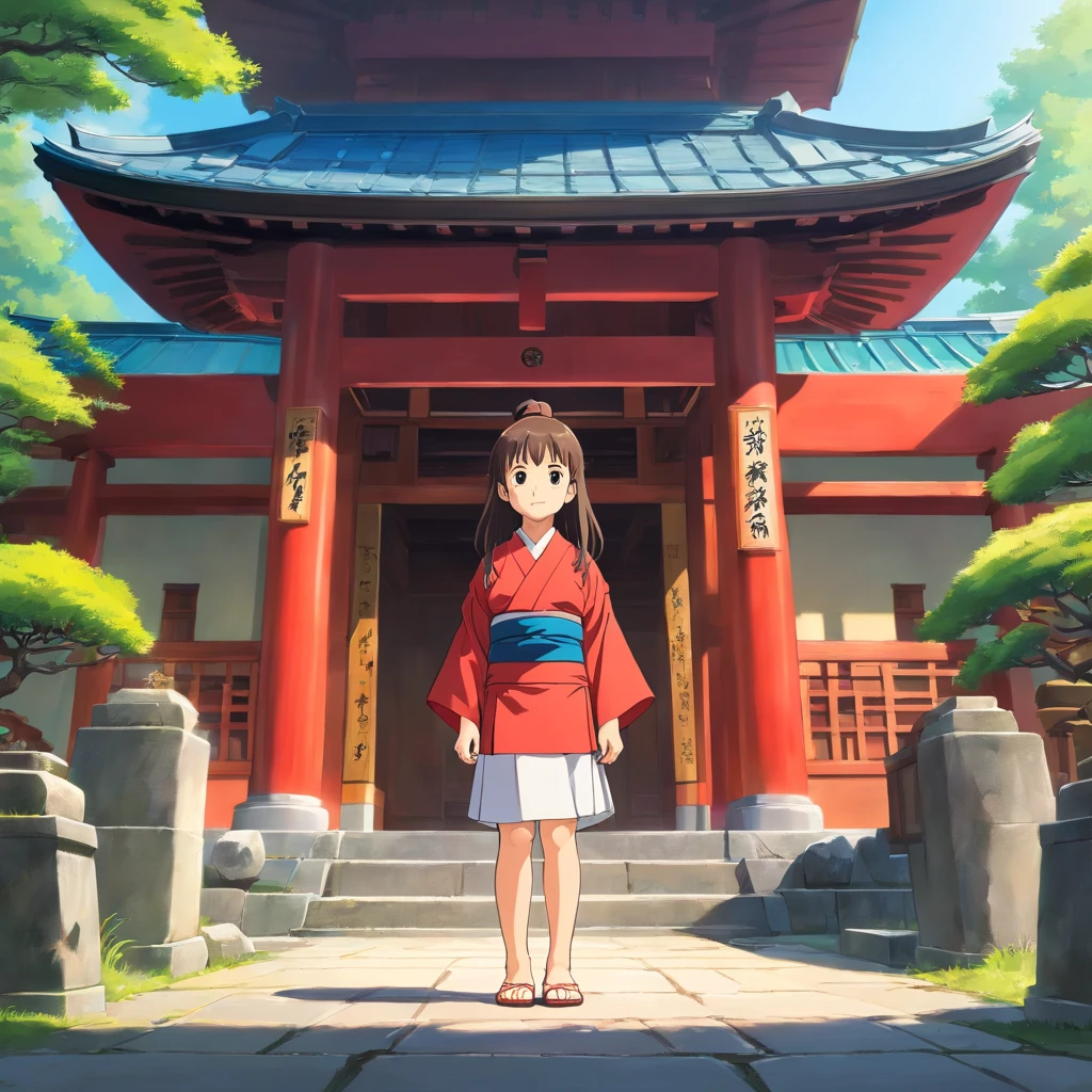 7 year old Japanese girl, Long hair, Front view, full bodyesbian, Set against a Japanese temple, com arvores, rios, A very beautiful sunny day. The little girl will be wearing a red kimono, shot from a far distance,full bodyesbian,Barefoot