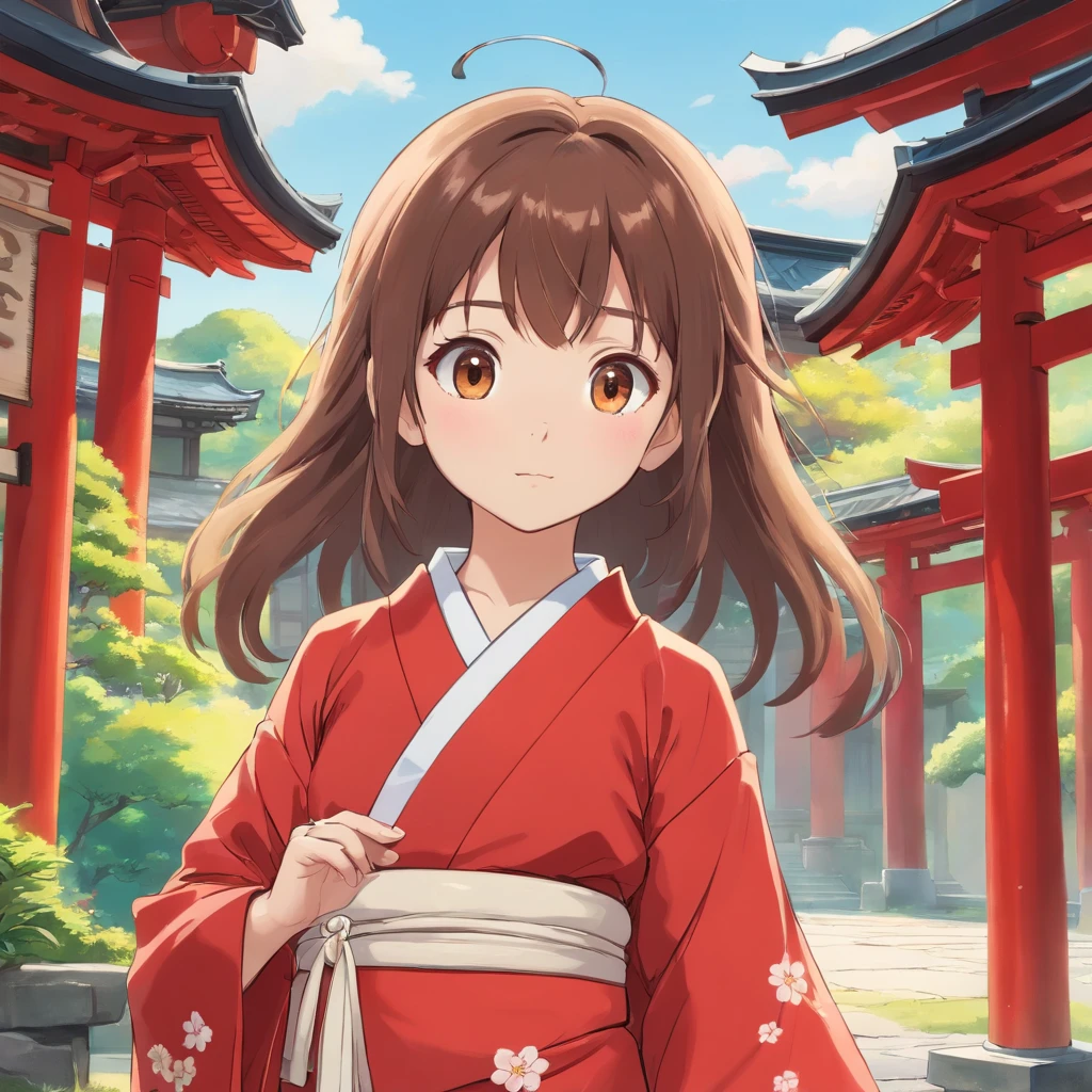 7 year old Japanese girl, Long hair, Front view, full bodyesbian, Set against a Japanese temple, com arvores, rios, A very beautiful sunny day. The little girl will be wearing a red kimono, shot from a far distance，full bodyesbian，Barefoot