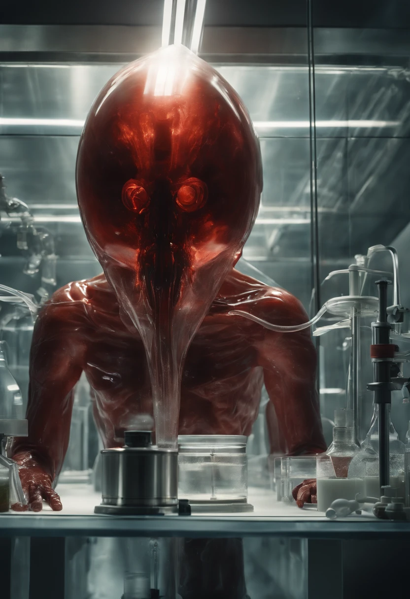 (best quality,highres),(realistic:1.37),(conceptual artwork),(portraits),(mysterious transparent creature with red blood being observed by scientists wearing masks in a laboratory),(detailed,scientific laboratory),(special containment unit),(advanced research facility),(intense focus),(bright,clinical lighting),(glass tanks),(scientific instruments),(biochemical analysis),(experiments),(exposing metamaterial properties),(startling visual impact),(hauntingly beautiful),(ethereal atmosphere),(subtle glow),(submerged in fluid),(unearthly,otherworldly:1.1),(enigmatic,intriguing:1.2),(elegant,graceful movements),(curious scientists),(meticulous documentation),(captivating,unpredictable),(discovering the unknown),(endless possibilities),(intense curiosity),(wh