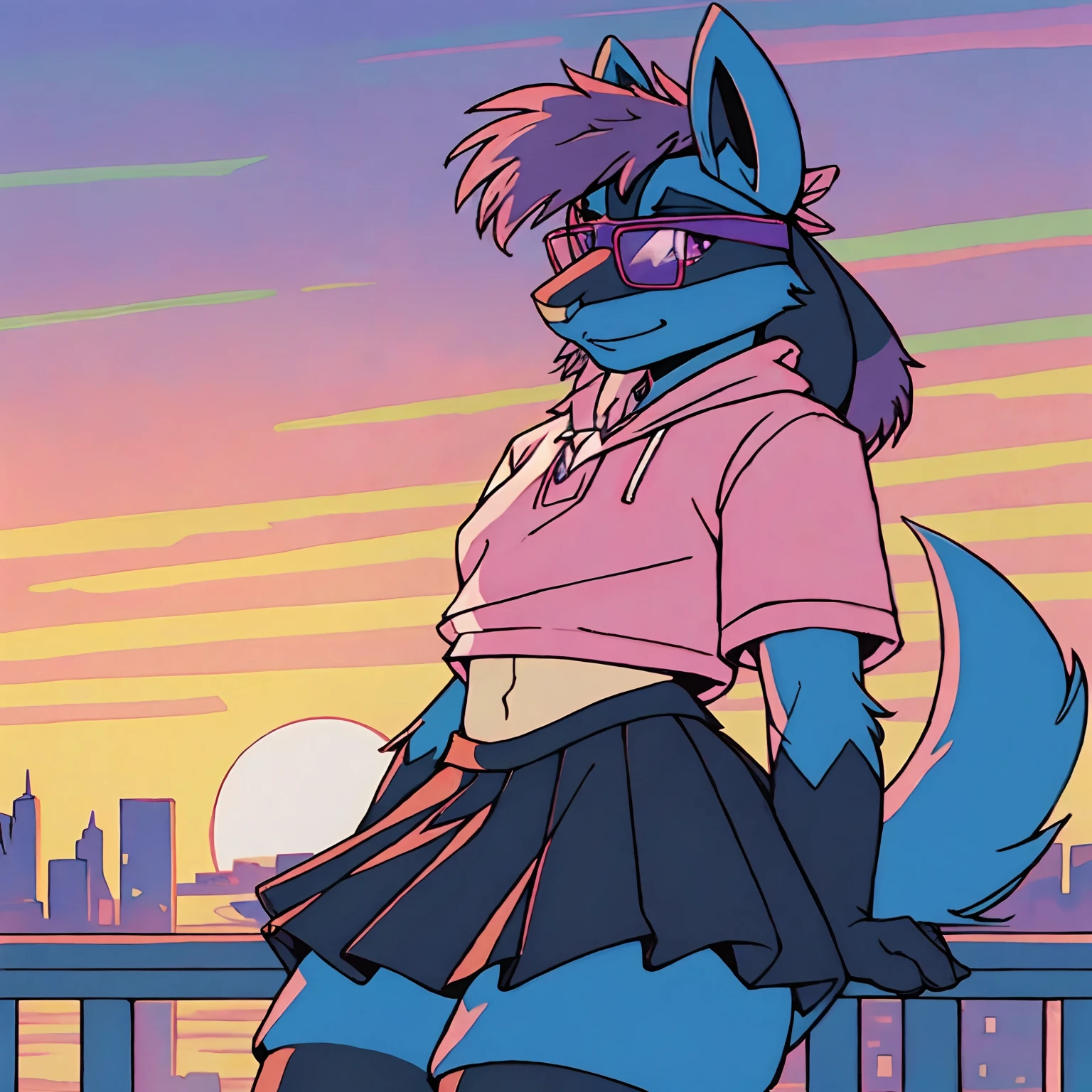 Mute pastel colors， Smooth photos， Retro soul, 1990s animation, 1980s animation, Retro soul， Retro anime style， Masterpiece, Best Quality, Lucario, furry, solo female, Lucario Pokémon, skirt, thigh high socks, black oversized hoodie, Retro Lucario fanart, 1990s anime, retro animation, transgender women, sunset over city background, very detailed background, bandana, white chest spike, pink eyes, high definition eyes, very detailed eyes, chubby, small amount of pink hair on top of head with purple highlights, blue fur, cute bandana, trans flag bandana, picturesque background, 1 horizon line, rose tinted rimless glasses, gradient rose tinted glasses, perfect background, beautiful background, black jacket, black face markings, no shirt, midriff, belly button