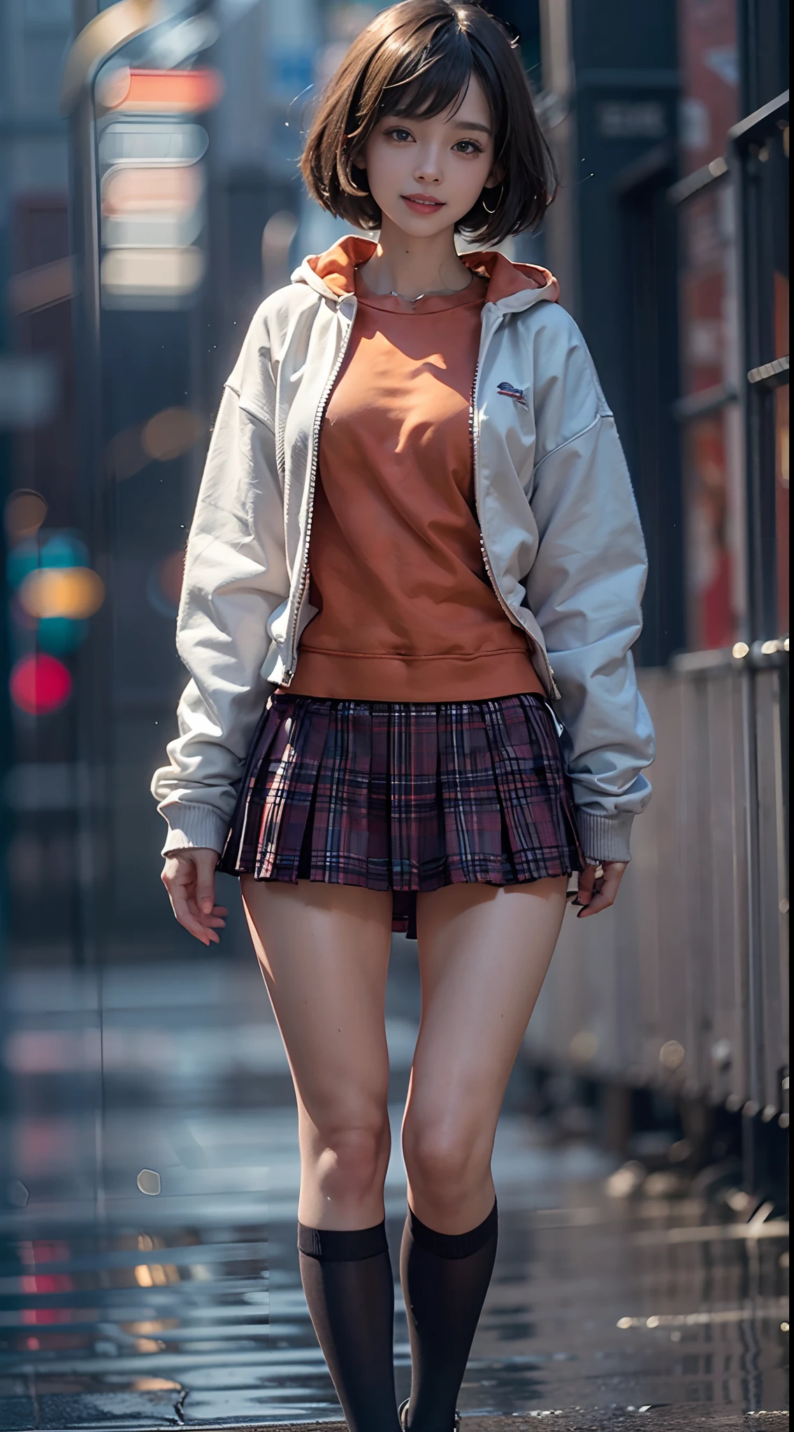 (NSFW), 1womanl, Solo, 24 year old, 7headed body, (cute face), (Ideal ratio body proportions), Modern old cityscape, shool uniform, Sweatshirt, a miniskirt, long , Sexy body, Wet, Smiling smile, short-hair, Dark hair, small tits, A slender, Small buttocks, beauty legs, Skinny Legs, surrealism, Cinematic lighting, depth of fields, One-person viewpoint, F/1.8, 135 mm, nffsw, masutepiece, ccurate, ((Anatomically correct)), Textured skin, Super Detail, high details, High quality, awardwinning, Best Quality, hight resolution, 8K