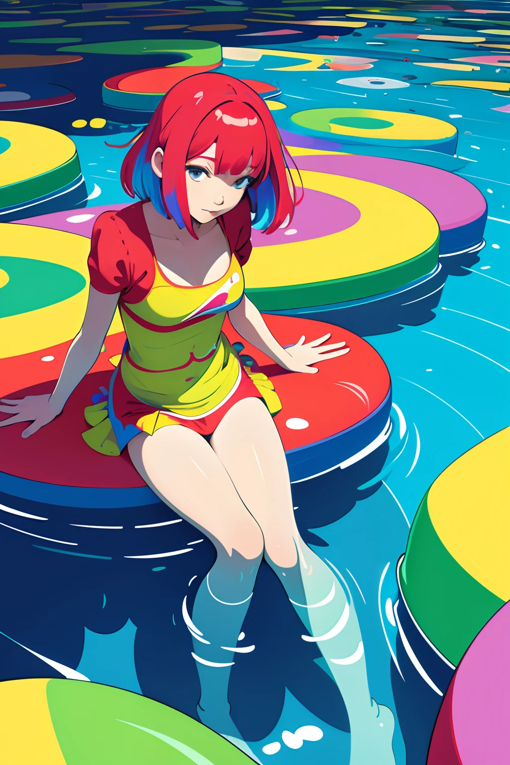 (ultra detailed,ultra high res,detailed background),((2D)),((flat color)),((colorful)),((floating colorful water)),1girl,solo,looking at viewer,BREAK