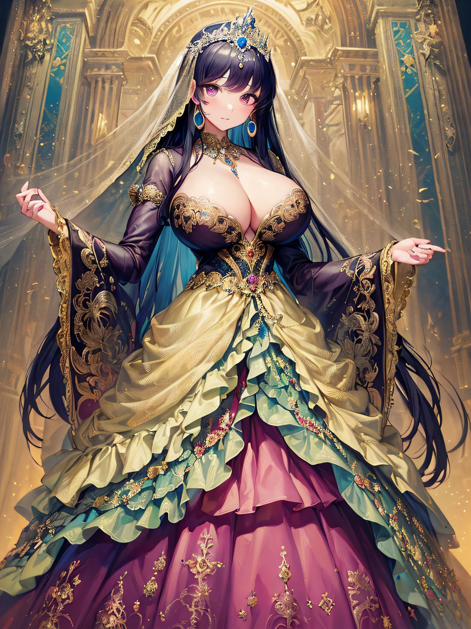 (masterpiece, best quality,extremely detailed:1.1),(moe anime art style:1.3),1girl,((full body,focus face)),((solo)), cute, kawaii,digital art,((1 princess wearing beautiful embroidery and jeweled gorgeous princess rococo ballgown with voluminous full length hoop skirt)),((crinoline)),long train,voluminous frills,See-through,(gorgeous embroidery and beautiful lace),(((gigantic boobs,skindentation))),cleavage,shiny hair,(((very long hair,very long straight hair))),((finely detailed face and eyes)),clear pupil,extremely gorgeousfull hair ornament,(bling-bling jeweled extremely gorgeousfull tiara),(bling-bling gorgeous gemstone jewelry),long veil,(beautiful background),full body,((beautiful embroidery and jeweled gorgeous princess rococo ballgown with voluminous full length hoop skirt))