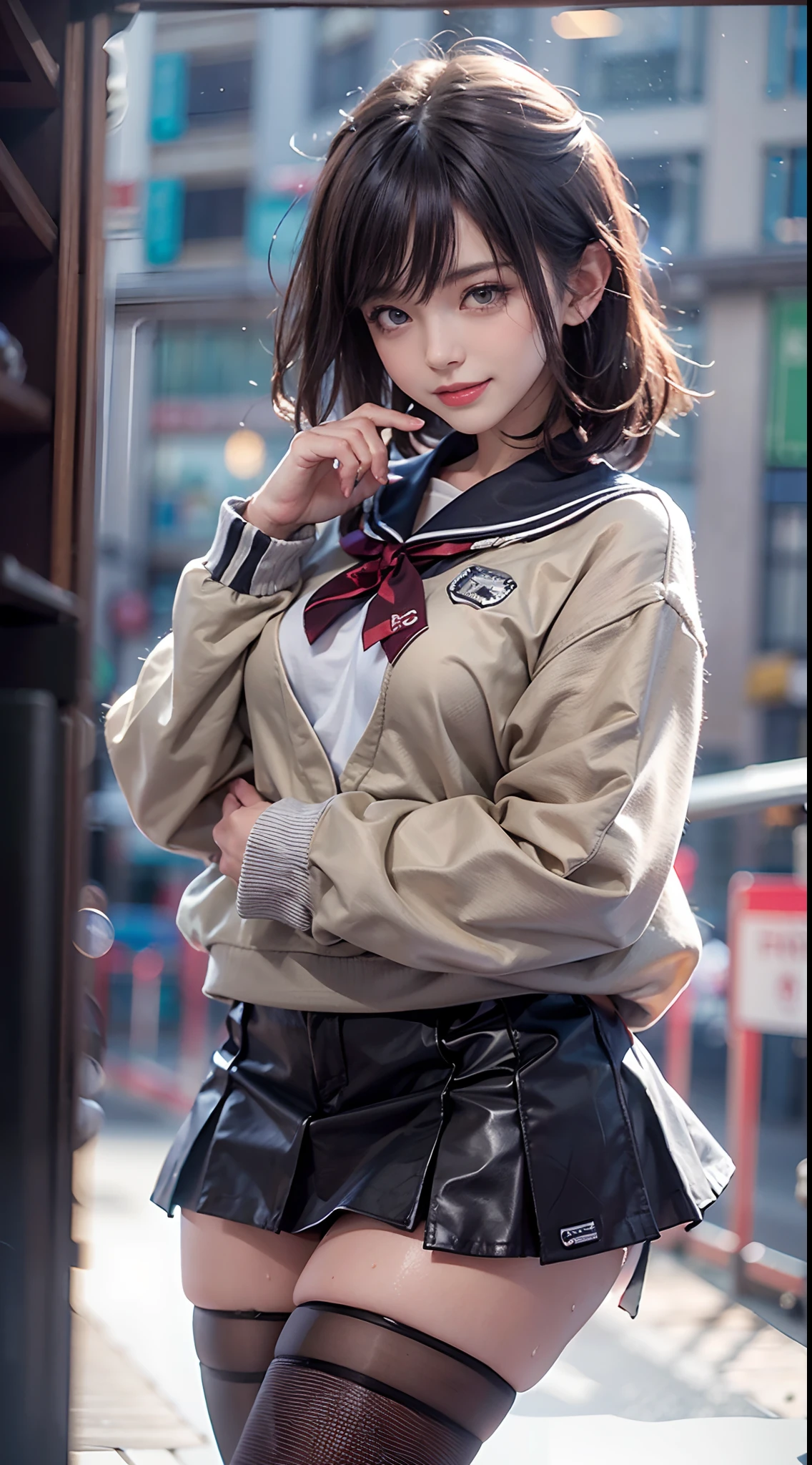 (NSFW), 1womanl, Solo, 24 year old, 7headed body, (cute  face), (Ideal ratio body proportions), Modern old cityscape, shool uniform, Sweatshirt, a miniskirt, long , Sexy body, Wet, Smiling smile, short-hair, Dark hair, small tits, A slender, Small buttocks, beauty legs, Skinny Legs, surrealism, Cinematic lighting, depth of fields, One-person viewpoint, F/1.8, 135 mm, nffsw, masutepiece, ccurate, ((Anatomically correct)), Textured skin, Super Detail, high details, High quality, awardwinning, Best Quality, hight resolution, 8K