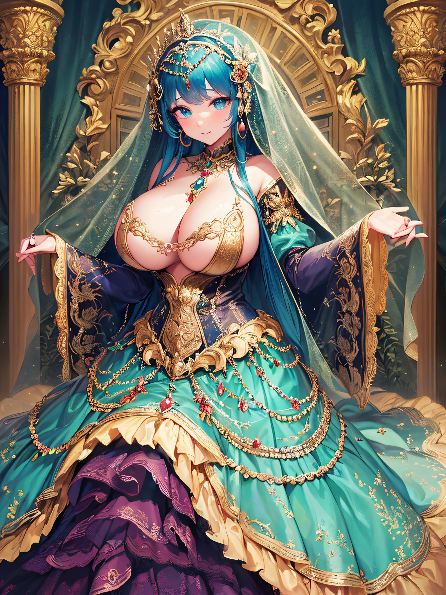 (masterpiece, best quality,extremely detailed:1.1),(moe anime art style:1.3),1girl,((full body,focus face)),((solo)), cute, kawaii,digital art,((1 princess wearing beautiful embroidery and jeweled gorgeous princess rococo ballgown with voluminous full length hoop skirt)),((crinoline)),long train,voluminous frills,See-through,(gorgeous embroidery and beautiful lace),(((gigantic boobs,skindentation))),cleavage,shiny hair,(((very long hair,very long straight hair))),((finely detailed face and eyes)),clear pupil,extremely gorgeousfull hair ornament,(bling-bling jeweled extremely gorgeousfull tiara),(bling-bling gorgeous gemstone jewelry),long veil,(beautiful background),full body,((beautiful embroidery and jeweled gorgeous princess rococo ballgown with voluminous full length hoop skirt))