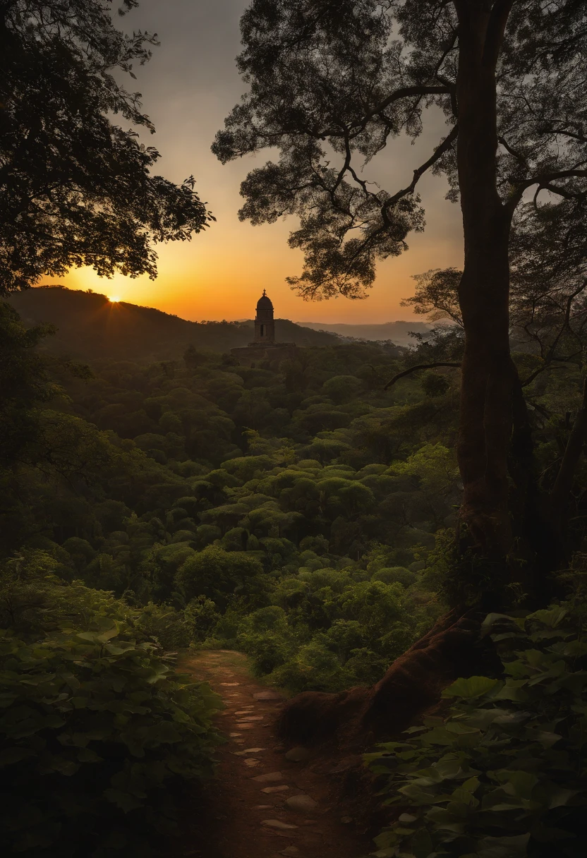 A twilight sky, tingido de tons suaves de rosa, laranja e azul, fundindo-se harmoniosamente enquanto retratam o entardecer de um dia. No canto superior direito, The golden sun is setting, enviando raios luminosos que penetram uma camada delicada de nuvens. No centro, The image of the two heroines of the story stands out, emerald and aria. They have their backs to the observer, Movendo-se para o desconhecido. esmeralda, with her long blonde hair that falls in gentle waves down to her waist, veste um manto verde esmeralda que ondula com a brisa suave. Ao lado dela, Faria, com cabelos castanhos e um manto azul celeste, Holds a magic stick, que irradia uma luz prateada, Lighting the Way Ahead. Both are on an ancient path, pedras musgosas estendendo-se para a frente, desaparecendo ao longe, in the middle of a fertile valley. De cada lado do caminho, there are lush green forests, com altura, towering trees, whose leaves are touched by the golden of the sunset, giving them a magical and ethereal aura. No horizonte, destaca-se a silhueta de um imponente templo antigo. The architectural details of the temple are bathed in the soft light of twilight, e a entrada do templo emite um brilho misterioso, as if inviting the heroines to the adventure that awaits them.