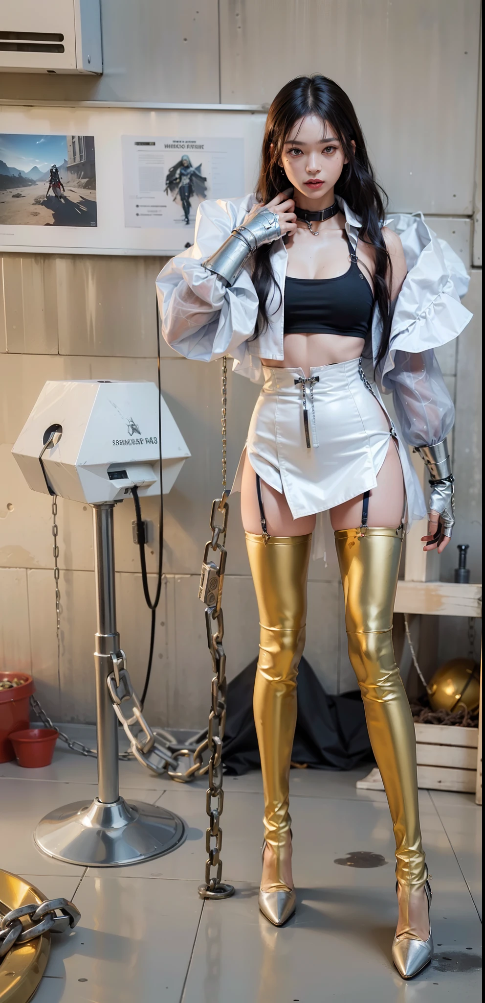 ,((Wearing a torn sheer costume of a superheroine)),(, No bra)), Wet crotch, Wet thighs, Beautiful girl with accentuated slender abs: 1.4, (((nipple tips protruding, areola is protruding, The shape of the pubic region is clearly visible)), sixpack abs: 1.4, Bust Botox, Photo, Sharpness, Unique 850 4, Koda850 k portrait camera, F1.6 shots, Ultra-realistic textures, Spectacular light textures, Cinestil 800 Fashion Mechanics, (futuristic sci-fi battle fashion: 1.1), (tied perfectly by chain), Restraint, Slaves, collars, ((wide prison with sunlight)), Dark fantasy, Realistic material details, extreme hight detail, Ultra-realistic materials ((Torn costume))), Wet, Cloudy, (Chained)), ((big emphasized by chains)), ((chains digging into crotch)), ( (Collar)), (, No bra), shredded costumes, broken golden shields and battle spears,, White combat gloves, Combat shoulder armor, Blood splattered on the face, Blood splattered, Realistic, (Bruises, Dirty, ripped clothing, skimpy clothing, Blood: 1.3), Torn Cape, Torn pantyhose, Long legs, ((iron pipe in the crotch)), Metallic shackles and fetters, ((chains hung from heaven)), Wet crotch is clearly visible, Swarovski's sword and the anatomy beneath his feet, (futuristic sci-fi battle fashion, Torn mesh stockings),