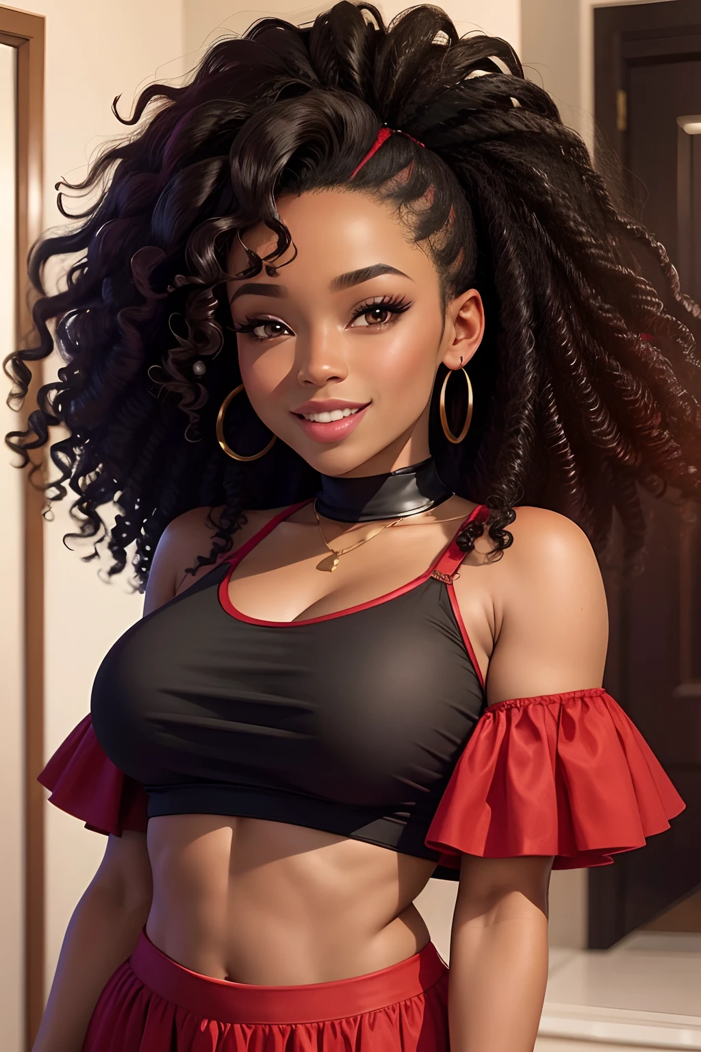 black, beautiful,curly hair, lady, wearing red top, large smile mouth, 30 years old , looks like erythrean lady, not nude,