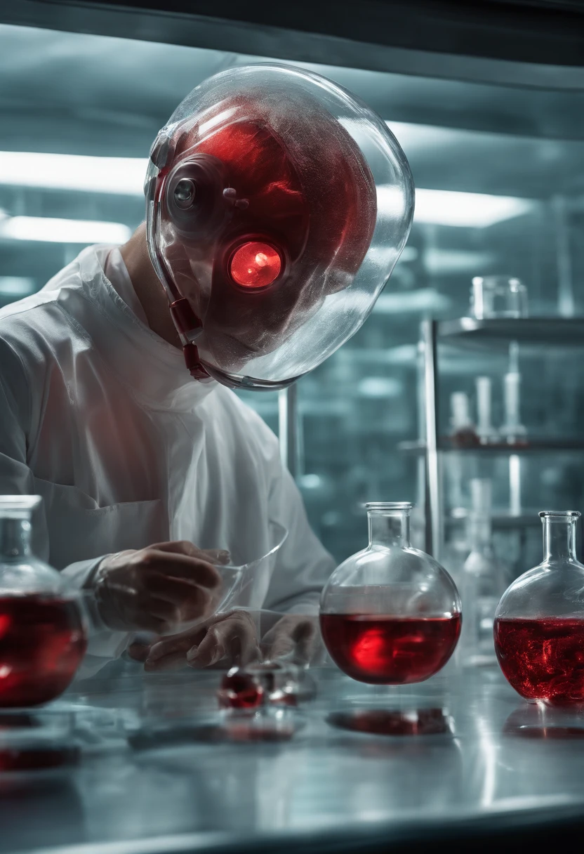 (best quality,highres),(realistic:1.37),(conceptual artwork),(portraits),(mysterious transparent creature with red blood being observed by scientists wearing masks in a laboratory),(detailed,scientific laboratory),(special containment unit),(advanced research facility),(intense focus),(bright,clinical lighting),(glass tanks),(scientific instruments),(biochemical analysis),(experiments),(exposing metamaterial properties),(startling visual impact),(hauntingly beautiful),(ethereal atmosphere),(subtle glow),(submerged in fluid),(unearthly,otherworldly:1.1),(enigmatic,intriguing:1.2),(elegant,graceful movements),(curious scientists),(meticulous documentation),(captivating,unpredictable),(discovering the unknown),(endless possibilities),(intense curiosity),(wh