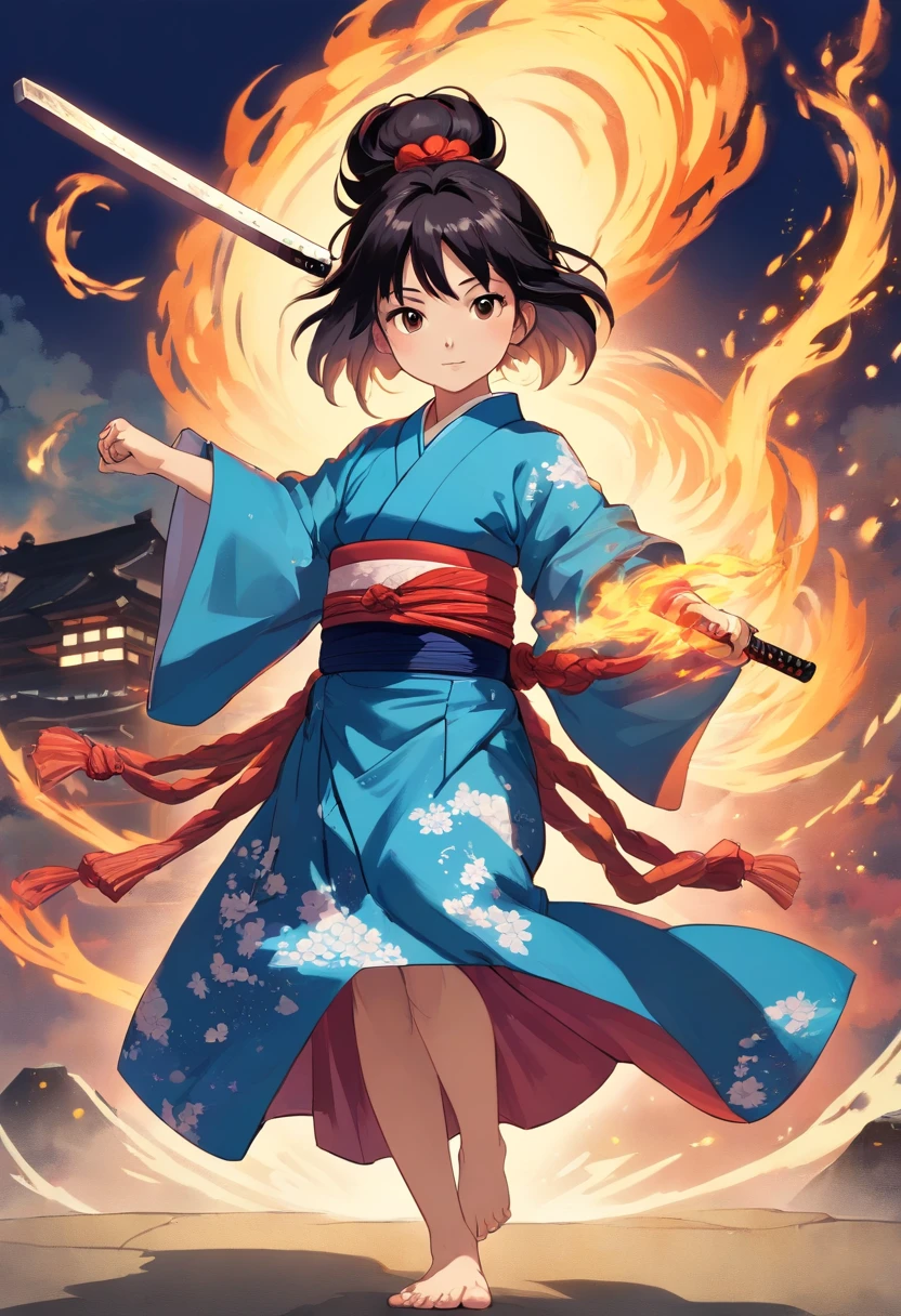 It is a full-body painting with natural colors，Line drawing with Katsushika Hokusai style。Swordsman: 7 years old Japanese little girl with a slender and slender body。A samurai with a 7-year-old girl in Japan。She has a dignified and innocent expression，Short black hair and hair accessories，flatchest，Barefoot，（（full bodyesbian））。Her upper body is dressed in a colorful kimono，The hakama is knee-length。She holds a Japanese sword in her right hand。At the highest quality，A masterpiece of lightning and swirling flames in high resolution ukiyo-e style。The little girl stood，The face and body face forward，The back is straight。Shoot at medium distance。