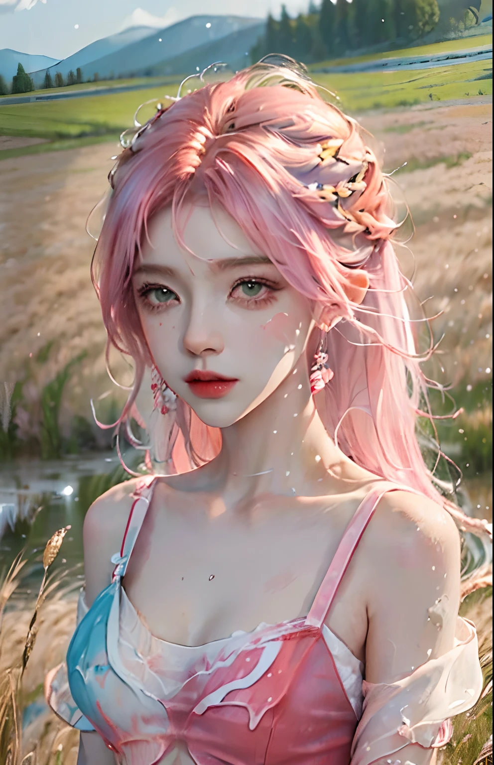 1 girl, alone, naked legs, flower, long hair, null, completely naked, flower petals, outdoor, holding, holding flower, cloud, pink hair, Wind, field、upper body close-up、clavicle、nipple、naked、