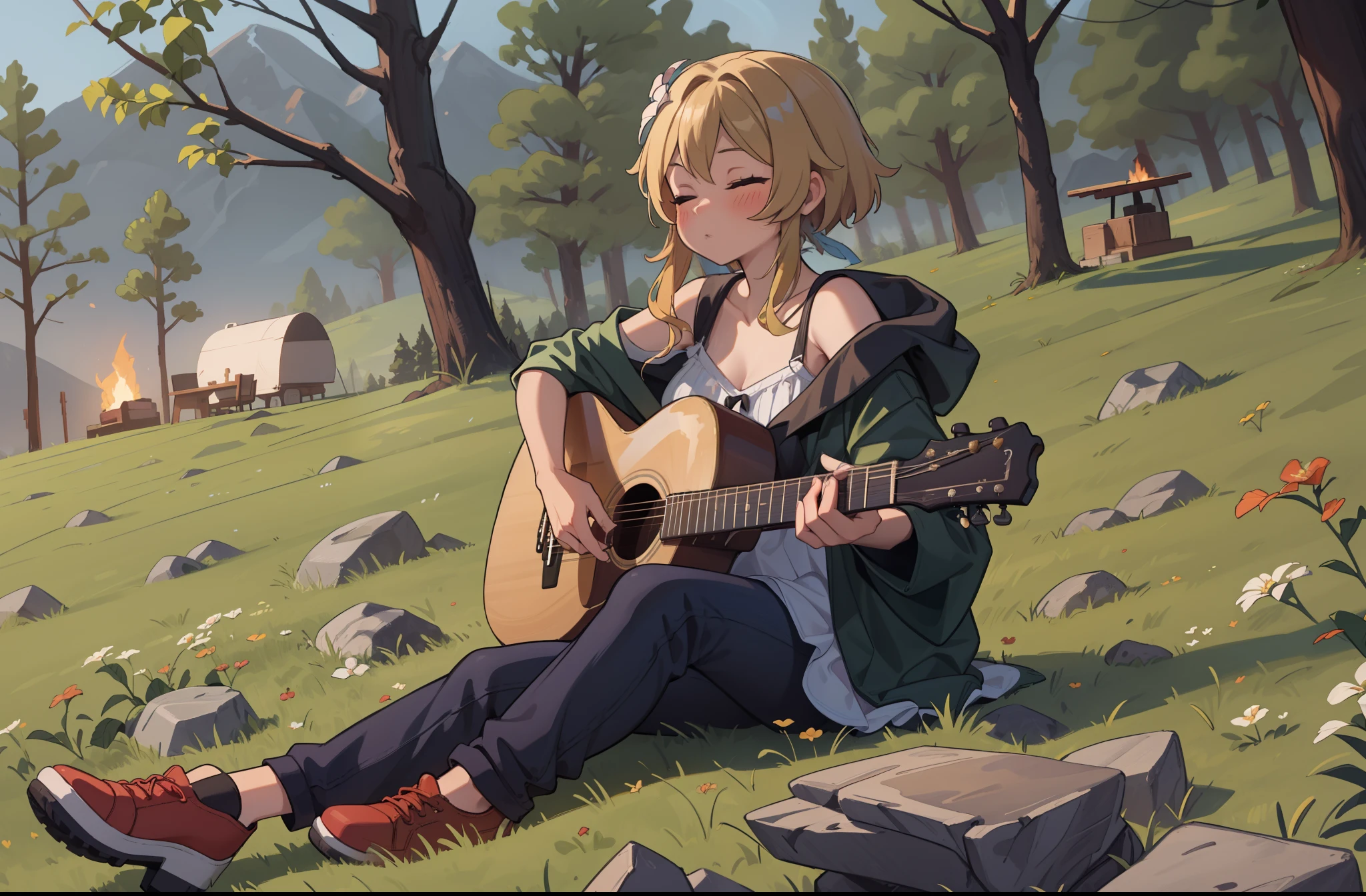 (solo girl) (playing acoustic guitar, forest), (white off-shoulder sundress), eyes closed, trees, mountains, grass, rocks, sitting, outdoors, (campfire), night, alone, moon