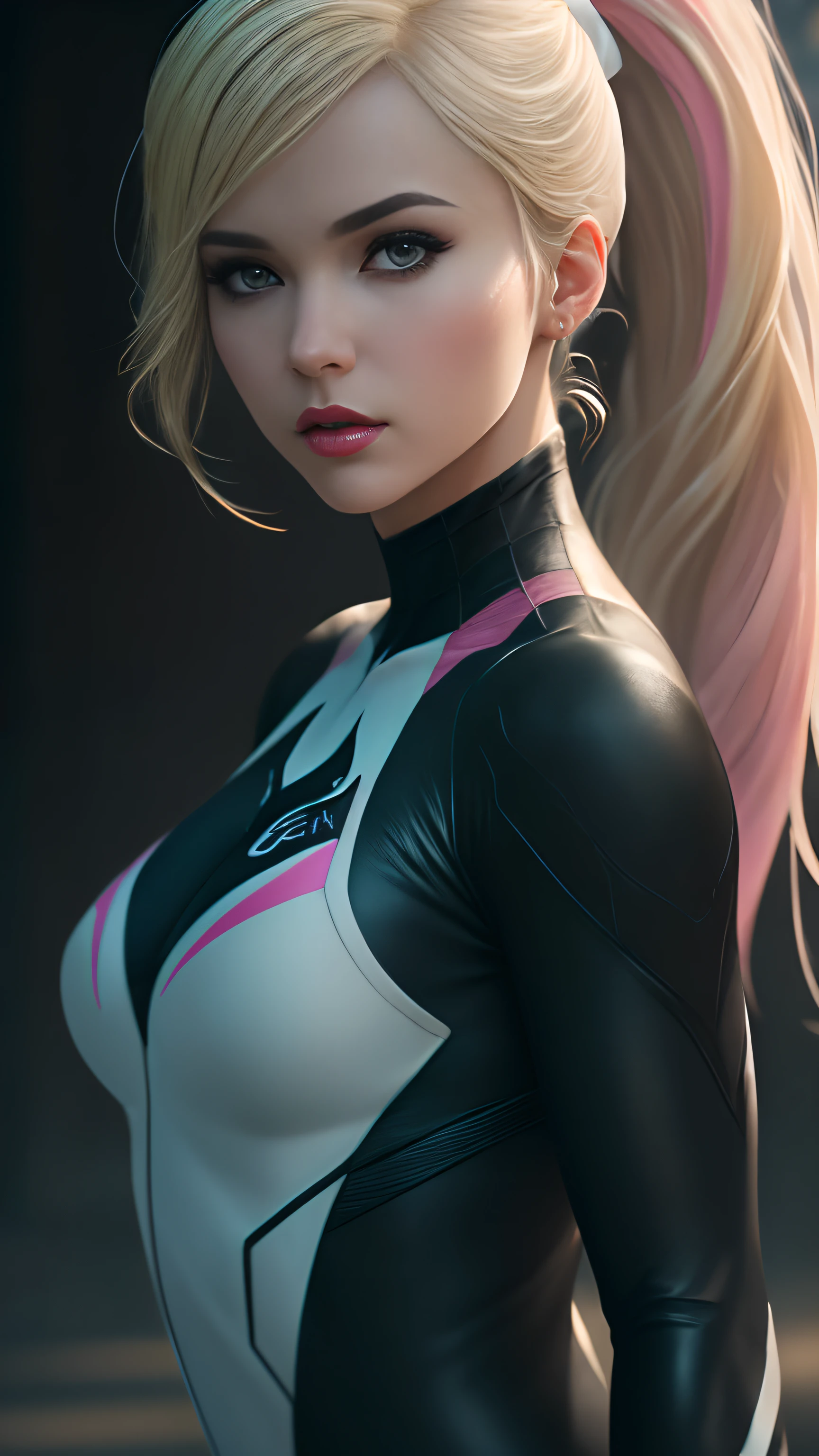 (RAW, analogue, Nikon Z 14mm ultra wide angle lens, award-winning glamor photography, ((best quality)), ((masterpiece)), ((realistic)), skin pores, subsurface scattering, light rays radiant, high resolution, detailed facial features, great detail, sharp focus, soft, aesthetic, extremely detailed, (light gray eyes), makeup, ((extremely detailed eyes, extremely detailed iris)), extremely detailed hair, (small breasts), ((proportionate body)), extremely detailed skin, extremely detailed clothing, octane rendering, photorealistic, realistic, post-processing, maximum detail, realistic shadows, roughness, texture natural skin, real life, ultra realistic, photorealism, photography, 8k UHD, photography, hdr, intricate, elegant, highly detailed, sharp focus, stunning, beautiful, gorgeous, beautiful and realistically detailed 22 year old girl like Marvel's Spider-Gwen, ((in Gwen's black, white and pink Spider suit)), makeup, soft red painted lips, (blonde), ((high ponytail)), full body visible, realistic skin, photorealistic and realistic cinematic shot (extremely detailed CG unity 8k wallpaper), trending on ArtStation, trending on CGSociety, high detail , sharp focus, dramatic and beautiful background, full shot, high quality, (beautiful face), (detailed face), detailed hands, beautiful hands.