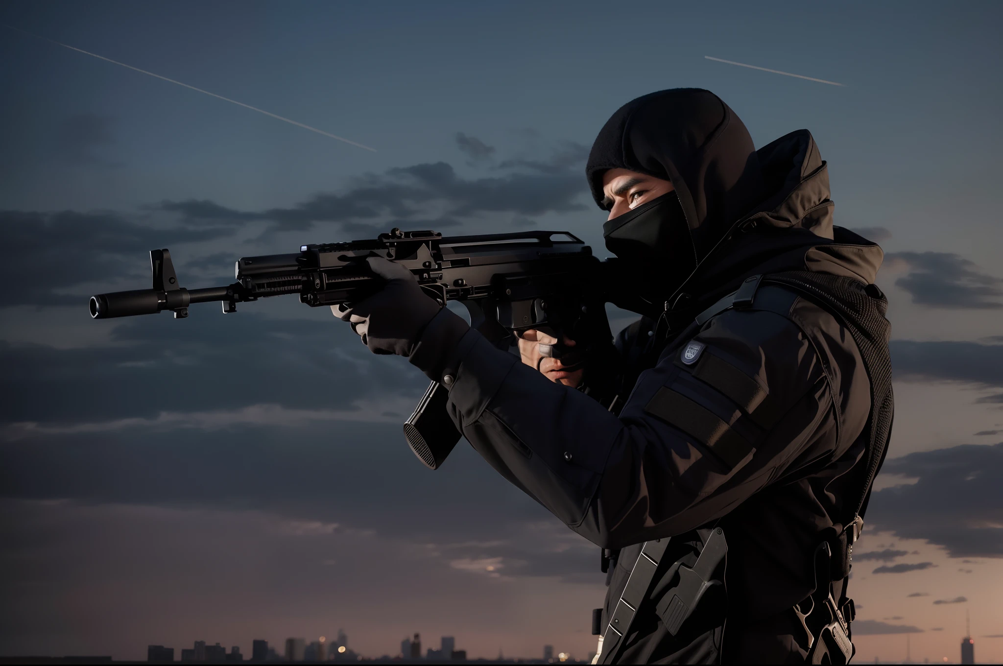 arafed man in a black jacket and mask holding a machine gun, airsoft cqb, wielding assault rifle, armed with edged weapons, wearing tactical gear, a soldier aiming a gun, black tactical gear, dramatic wielding gun pose, man is carrying a rifle, french special ops, tactical gear, holding rifle, special forces security, with rifle in hands, tactical, new york city backdrop