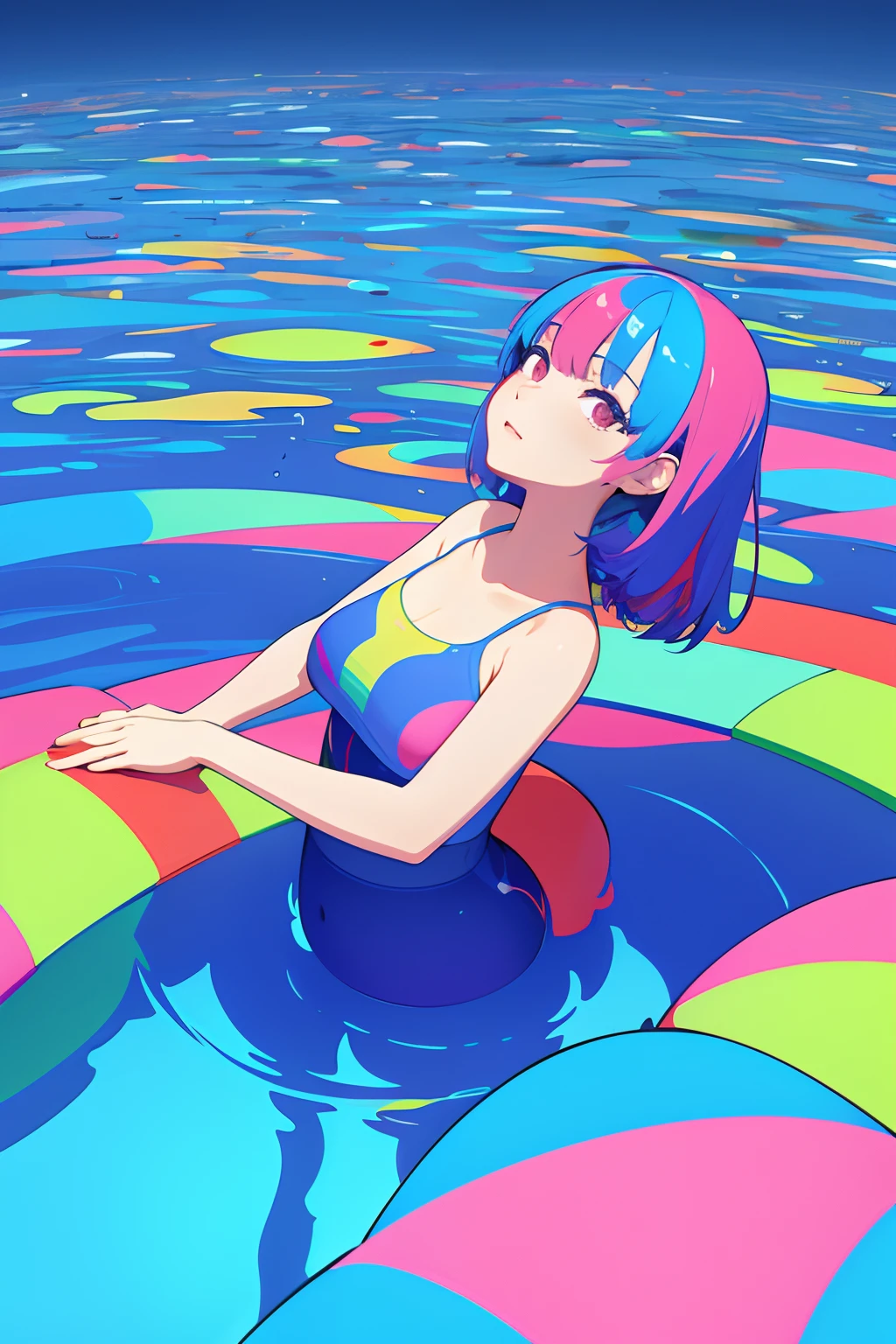 (ultra detailed,ultra high res,detailed background),((2D)),((flat color)),((colorful)),((floating colorful water)),1girl,solo,looking at viewer,BREAK, nude