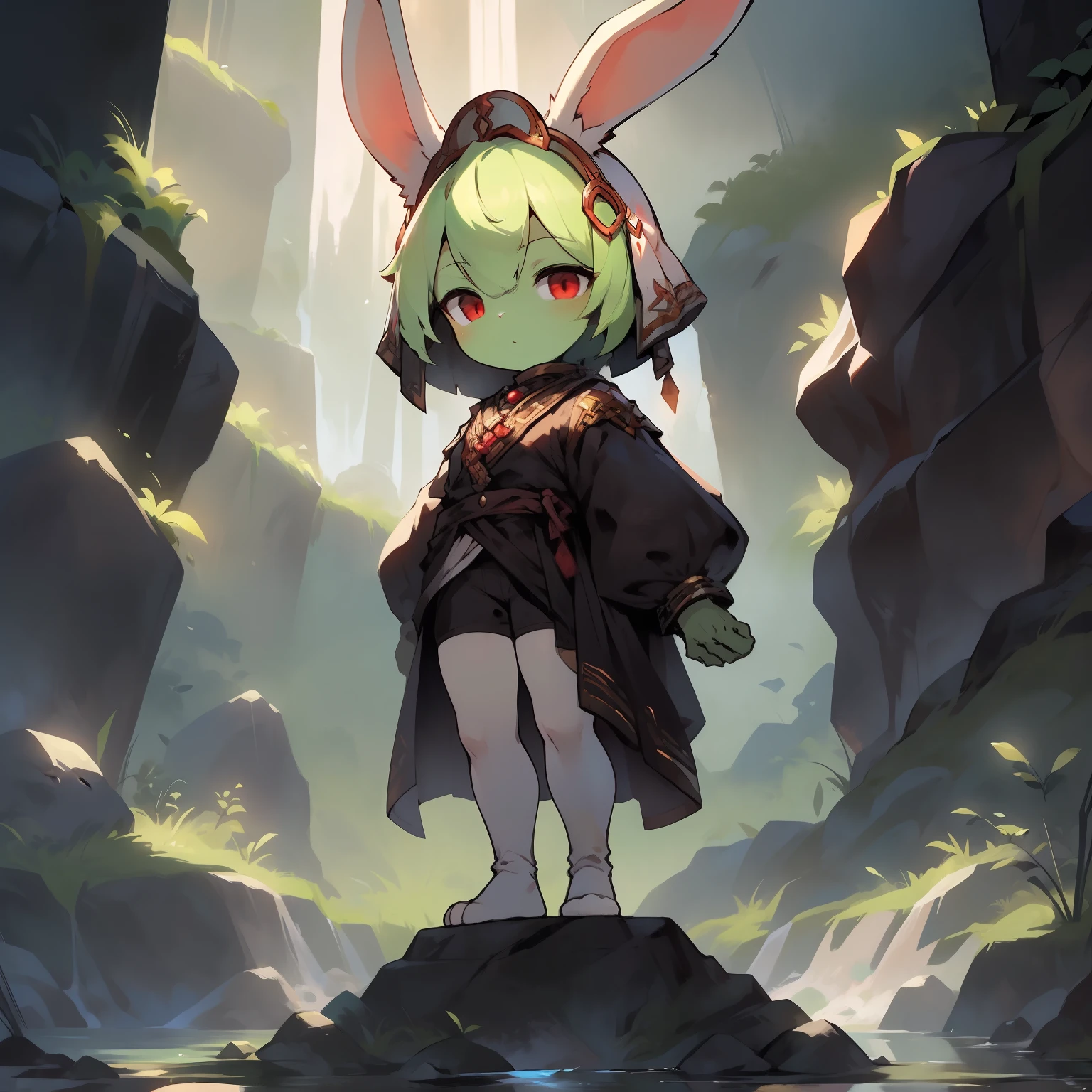 Best quality,Masterpiece,solo person,((byself)),Black top,Black shorts,(white stockings),(White knee-length socks),Stand on a stone slab,(Short stature),(bit girl),((The bald head has no ears,rabbit Facial Features,rabbit Body Features,Rabbit-shaped headdress)),red eyes,(bunny tail),(Pale green body hair,Light green legs),(Rabbit feet),alleys,