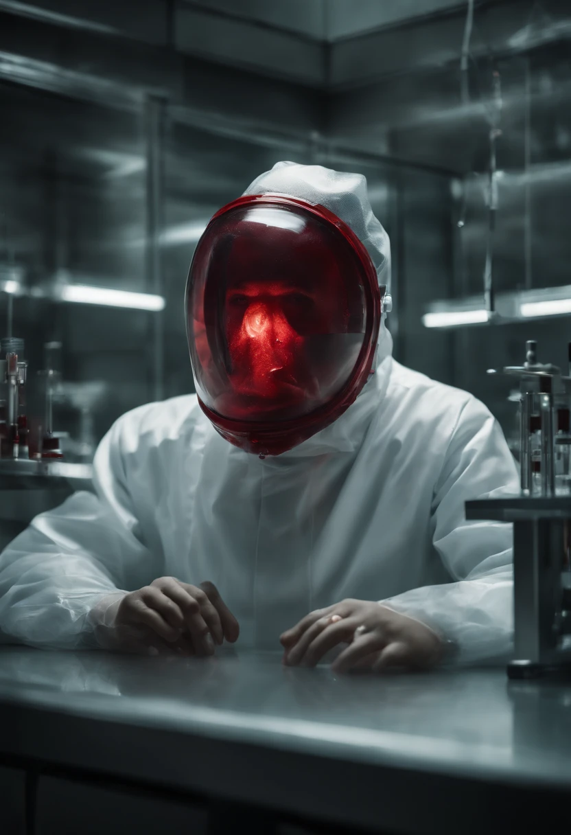 (best quality,highres),(realistic:1.37),(conceptual artwork),(portraits),(mysterious transparent creature with red blood being observed by scientists wearing masks in a laboratory),(detailed,scientific laboratory),(special containment unit),(advanced research facility),(intense focus),(bright,clinical lighting),(glass tanks),(scientific instruments),(biochemical analysis),(experiments),(exposing metamaterial properties),(startling visual impact),(hauntingly beautiful),(ethereal atmosphere),(subtle glow),(submerged in fluid),(unearthly,otherworldly:1.1),(enigmatic,intriguing:1.2),(elegant,graceful movements),(curious scientists),(meticulous documentation),(captivating,unpredictable),(discovering the unknown),(endless possibilities),(intense curiosity),(wh