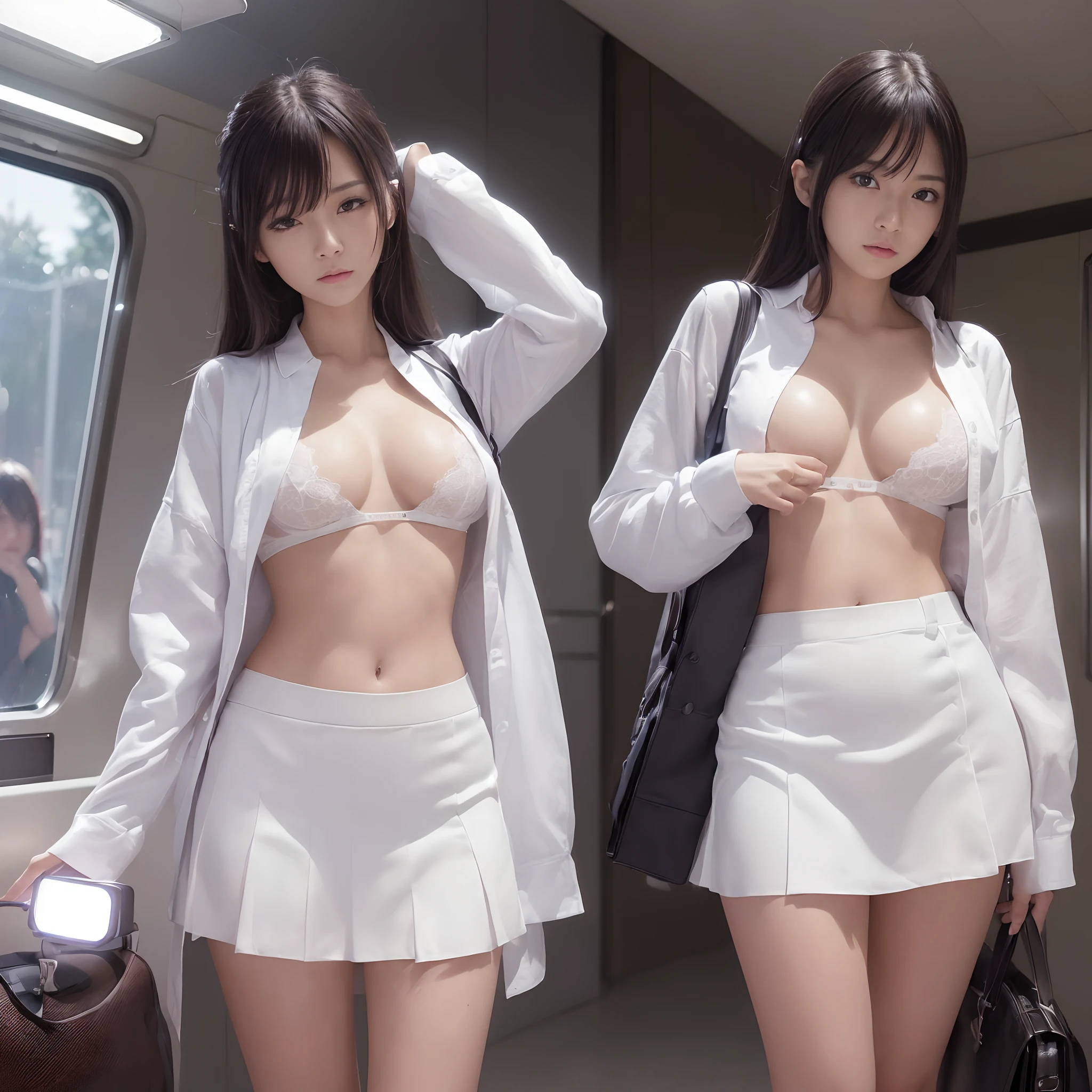 (((nffsw))), (((masutepiece))), (((8K))), (((hight resolution))), (((surrealism))), (((Cinematic lighting))), god rays, Zoom Layer, (((FULL BODYSHOT))), F/4.0, canon, Shiny skin,Detailed skin,Detailed face, Detailed eyes, Japanese ido, Schoolgirl, Change of clothes on the train, Show off white underwear, Open Shirt, flip skirt