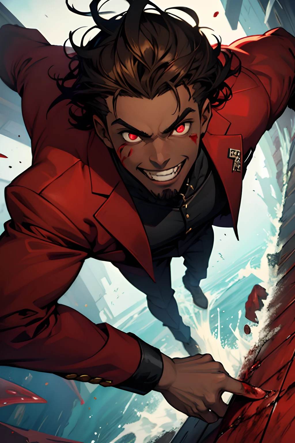 black young man, negro, messy hair, brown hair, red suit, lindo, crazy face, blood, BLOOD, crazy smile, evil eyes, psicopath, sea blood, blood, blood, jojo pose