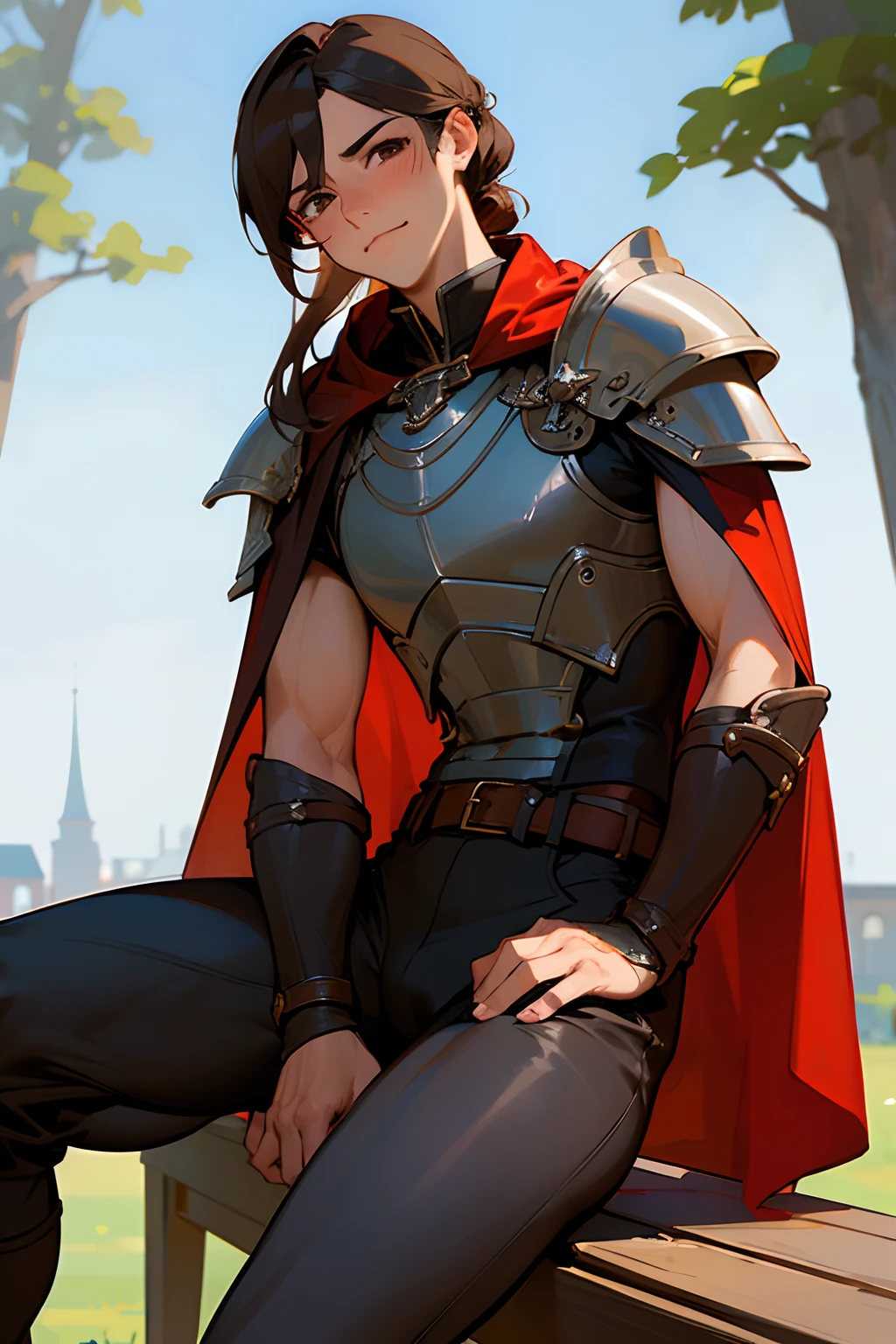 Masterpiece, ultra-high quality, very detailed, trending on ArtStation, 1man, (effeminate), long hair, (brown hair), ((chignon haircut)), looking at viewer, (head tilted slightly upwards), extremely detailed eyes, (brown eyes), blushing slightly, lewd facial expression, grinning, detailed nose, wearing cape, (red cape), silver knight plate armor, wearing dark brown leather leggings, (groin bulge), ((muscular thighs)), (((detailed leg muscles))), simple black leather laced boots, belt and buckles on waist, actor sitting on a wooden bench, sword resting on wooden bench, town square on background, trees on background, blue sky on background, white clouds on background, birds in the distance, sunny ambiance, ambiance light