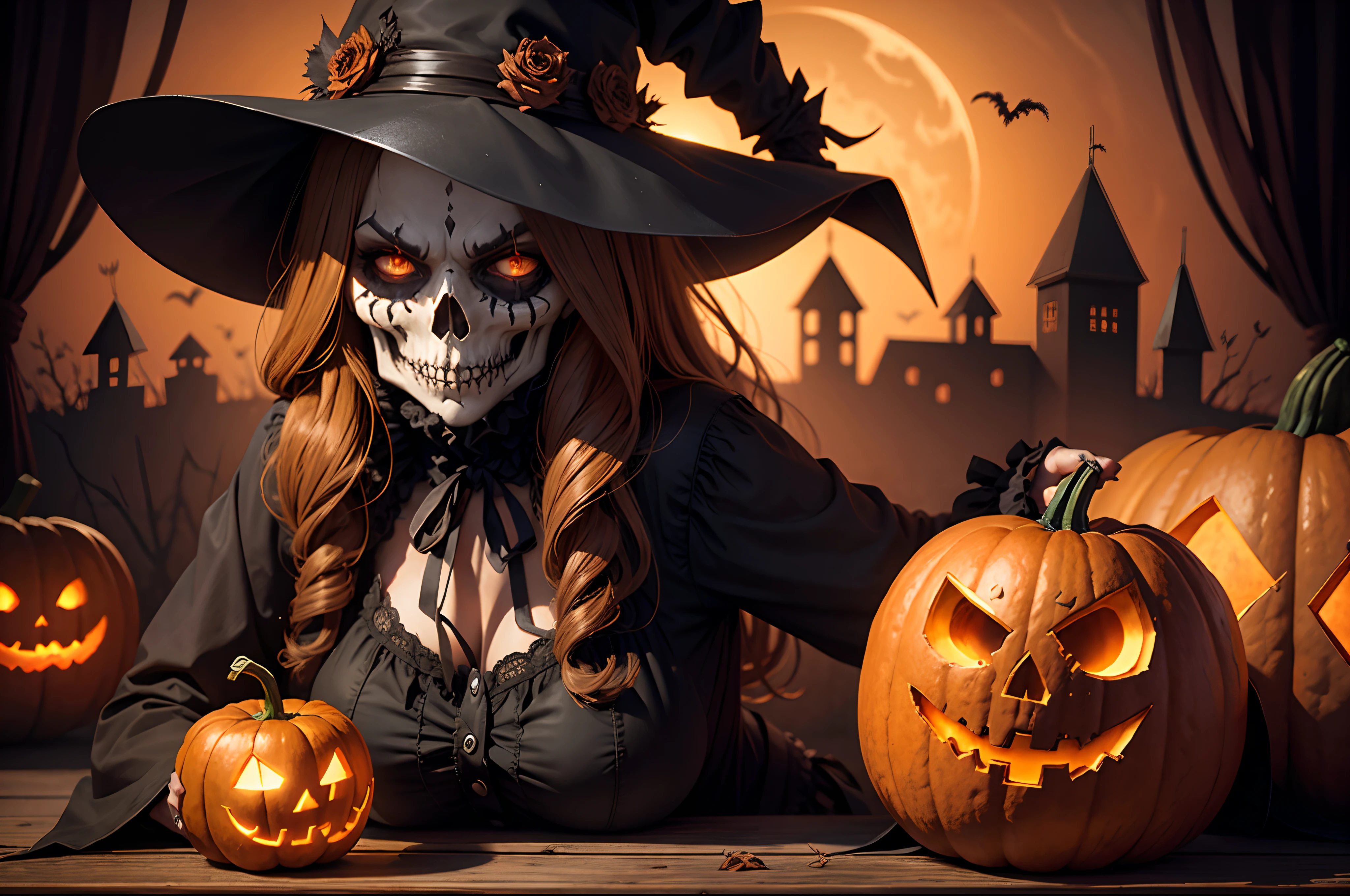 Evil scarecrow, gothic, fall season, skull, pumpkins,
