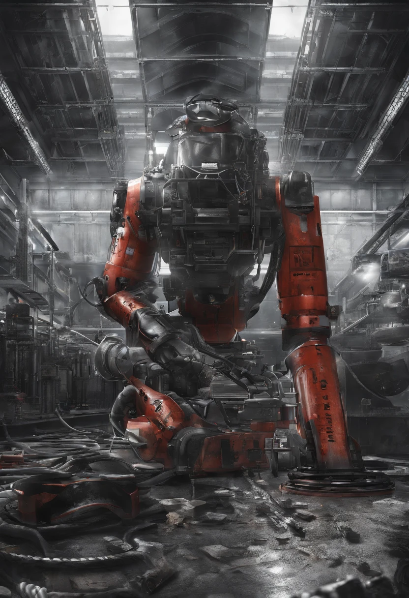 masterpiece, best quality, ultra-detailed, illustration, 1girl, solo, shiny, reflective, latex, work suit, voluptuous, body, squatting, detailed, work shoes, messy, workshop, industrial, high heels, black, red, silver, metallic, gloves, goggles, protective, equipment, machinery, tools, sparks, dirt, grime, oil, stains, sweat, exhaust, pipes, gauges, dials, buttons, levers, cables, wires, hydraulic, systems, hydraulic press, crane, pulley, welding, torch, grinder, drill, saw, hammer, screwdriver, wrench, pliers, spanner, toolbox, fire extinguisher, first aid kit, ventilation, ducts, light fixtures, emergency exit, warning signs, caution tape, posters, calendar, coffee mug, dirty, workbench, storage, shelves, bins, lockers, hard hat, safety vest, ear muffs, face shield, respirator, smoke, fumes, debris, concrete floor, concrete walls, metal beams, rivets, bolts, screws, nuts, washers, chains, ropes, hooks, clamps, magnets, bearings, lubricants, fluids, solvents, adhesives, lubrication, maintenance, repair, overhaul, upgrade, installation, assembly, fabrication, customization, prototype, research, development, testing, quality control, inspection, certification, compliance, regulation, standard, efficiency, productivity, innovation, excellence, satisfaction, teamwork, dedication, professionalism, empowerment, diversity, equality, respect, safety culture, industrial fashion, sci-fi, cyberpunk, dystopian