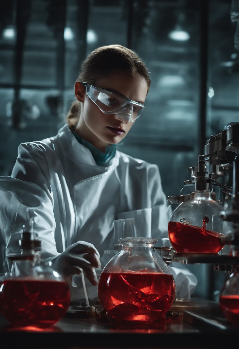 (best quality,highres),(realistic:1.37),(conceptual artwork),(portraits),(mysterious transparent creature with red blood being observed by scientists wearing masks in a laboratory),(detailed,scientific laboratory),(special containment unit),(advanced research facility),(intense focus),(bright,clinical lighting),(glass tanks),(scientific instruments),(biochemical analysis),(experiments),(exposing metamaterial properties),(startling visual impact),(hauntingly beautiful),(ethereal atmosphere),(subtle glow),(submerged in fluid),(unearthly,otherworldly:1.1),(enigmatic,intriguing:1.2),(elegant,graceful movements),(curious scientists),(meticulous documentation),(captivating,unpredictable),(discovering the unknown),(endless possibilities),(intense curiosity),(wh