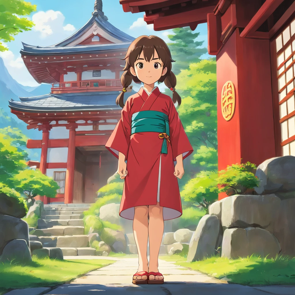 6 year old Japanese girl, Long hair, Front view, full bodyesbian, Set against a Japanese temple, com arvores, rios, A very beautiful sunny day. The little girl will be wearing a red kimono, shot from a far distance，full bodyesbian，Barefoot，Wearing clogs