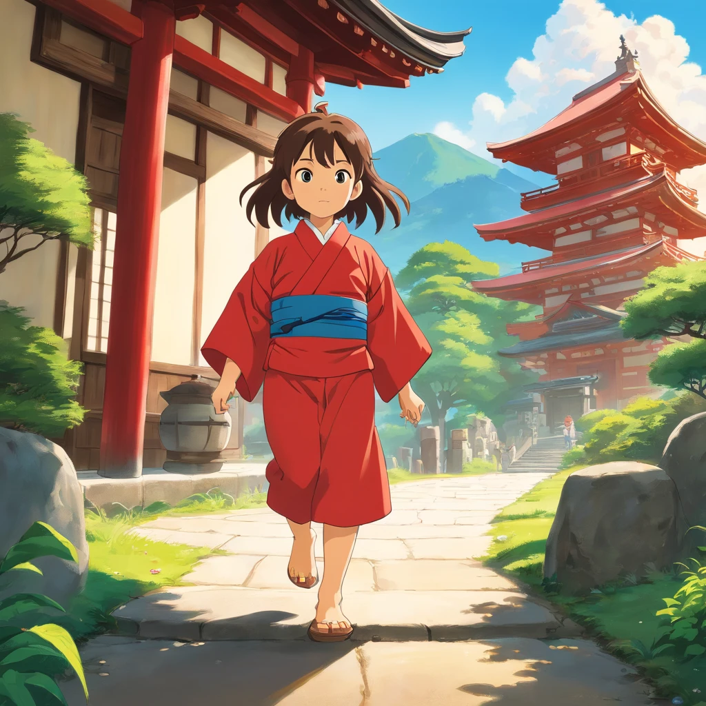 6 year old Japanese girl, Long hair, Front view, full bodyesbian, Set against a Japanese temple, com arvores, rios, A very beautiful sunny day. The little girl will be wearing a red kimono, shot from a far distance,full bodyesbian,Barefoot,Wearing clogs