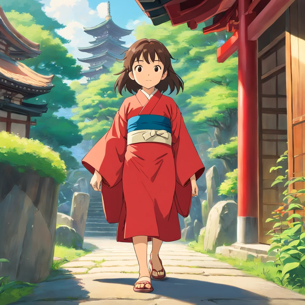 6 year old Japanese girl, Long hair, Front view, full bodyesbian, Set against a Japanese temple, com arvores, rios, A very beautiful sunny day. The *********** will be wearing a red kimono, shot from a far distance，full bodyesbian，Barefoot，Wearing clogs