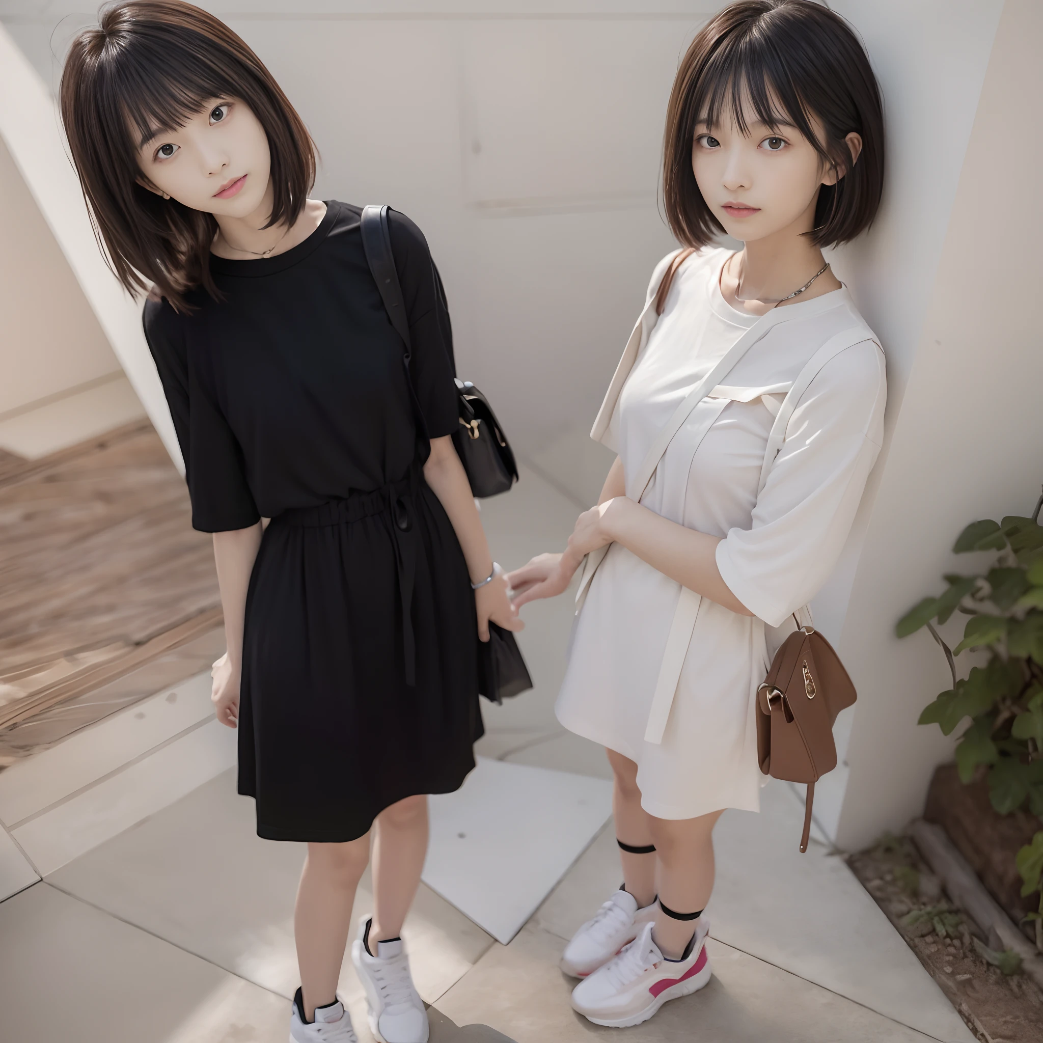 At an art gallery in Tokyo, A slender, tall, Intelligent young Japan woman with long bangs hair in a full body black dress; Next to her is、Human-sized frog wearing Gucci trainers stands; Standing between them is、I'm a smiling -yeld wo who took a shortcut....., Bright pink t-shirt with deep brown bangs、Keep the entire screen at an angle、Align views from the right side of the screen, taking selfie., 8K