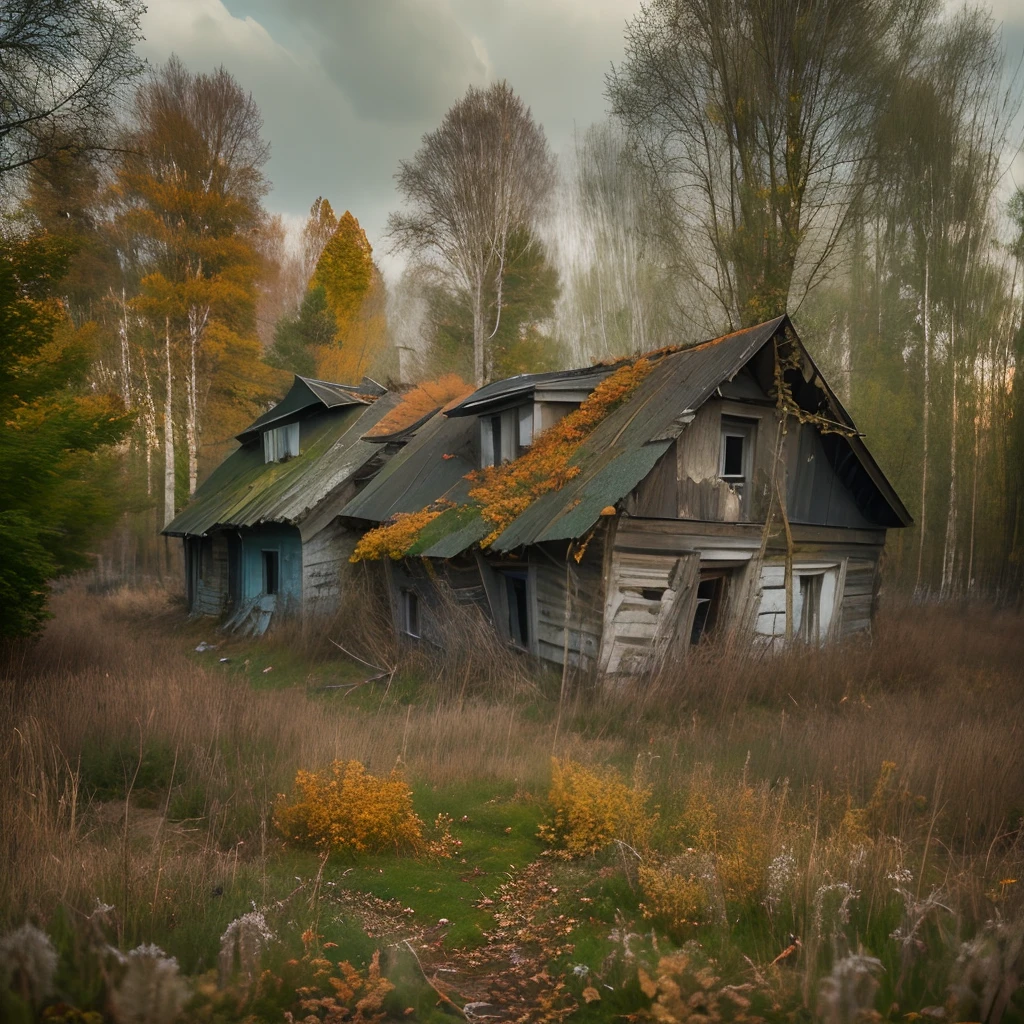 Old houses, forgotten houses, old village, dark forest, depressive atmosphere, Large bushes, thicket, Houses in the thickets, Trees grow from houses, thickets of grass, Birch, autumn, cloudiness, sorrow, melancholy, Lack of storage