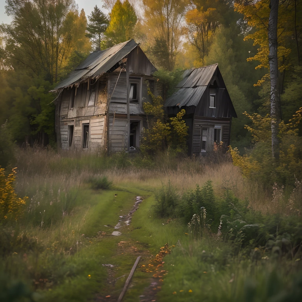 Old houses, forgotten houses, old village, dark forest, depressive atmosphere, Large bushes, thicket, Houses in the thickets, Trees grow from houses, thickets of grass, Birch, autumn, cloudiness, sorrow, melancholy, Lack of storage