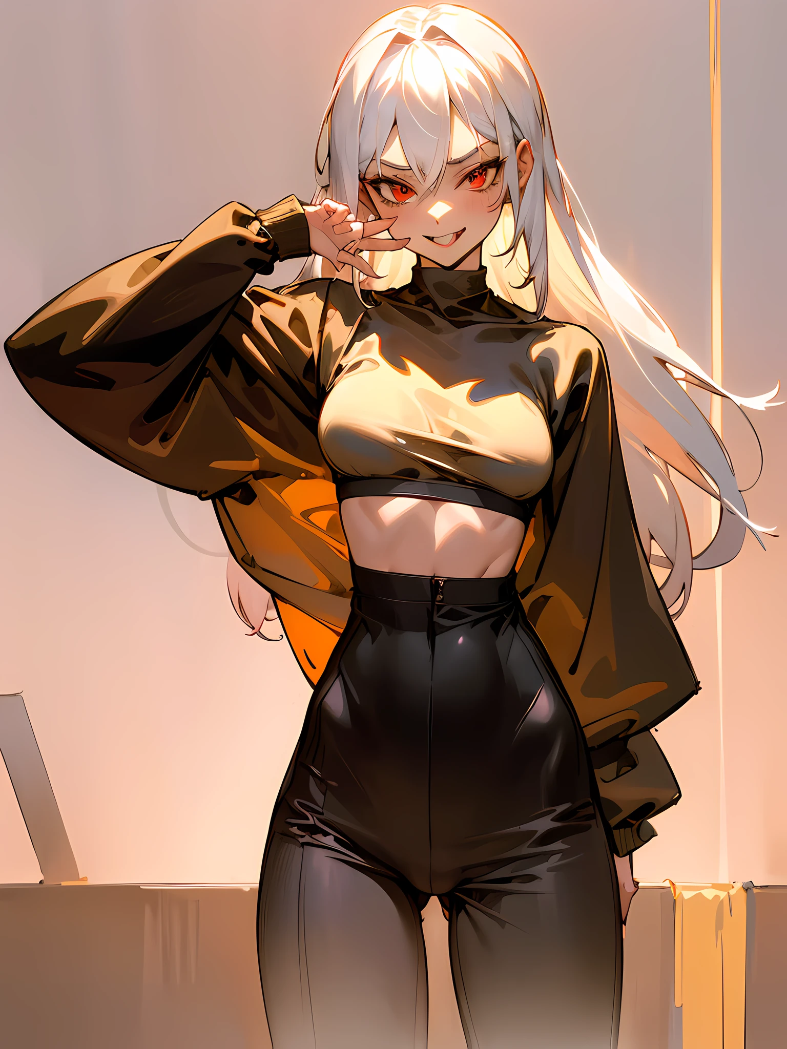 1girl, long white hair, red eyes, wearing black sport bra, baggy black pants, winter background, absurdres, highres, ultrasharp, 8k, masterpiece, looking at viewer, sexy, alluring, erotic, nsfw, wink, teeth showing, smile, tongue hanging, tall, golden body proportion, loose clothing,