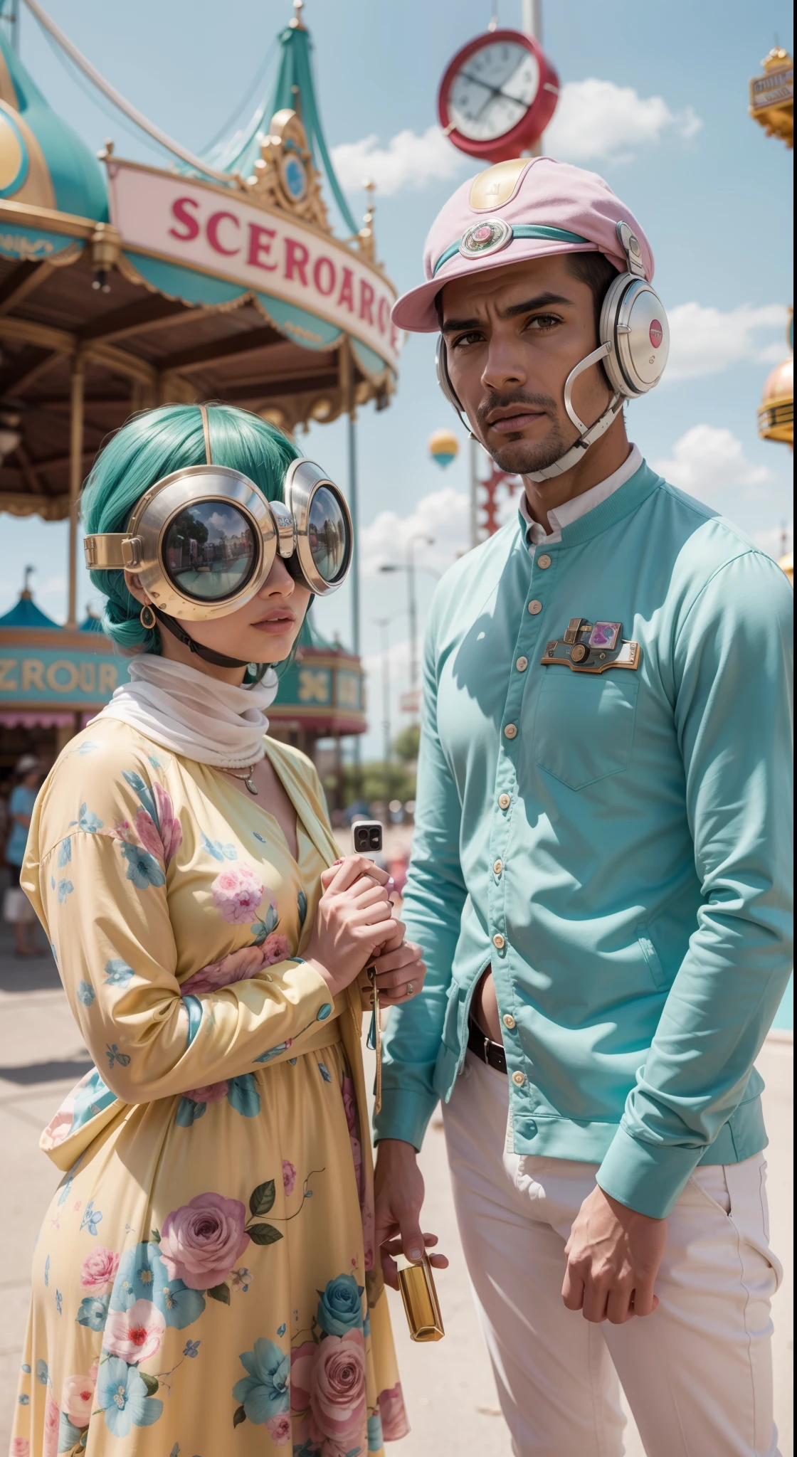 Foto premiada, imagem impressionante, detalhes perfeitos, 8k portrait of a 1960s science fiction film by Stanley Kubric, pastel cores, rosa, amarelo, azul, verde, There are people wearing strange futuristic chameleon masks and wearing extravagant retro fashion outfits and men and women wearing alien makeup and antique ornaments with mechanical pets at the amusement park, Luz Natural, Psicodelia, futurista estranho, fotorrealista, hiper detalhado, foco nítido, Intrinsic, Fuji filmes 55mm,