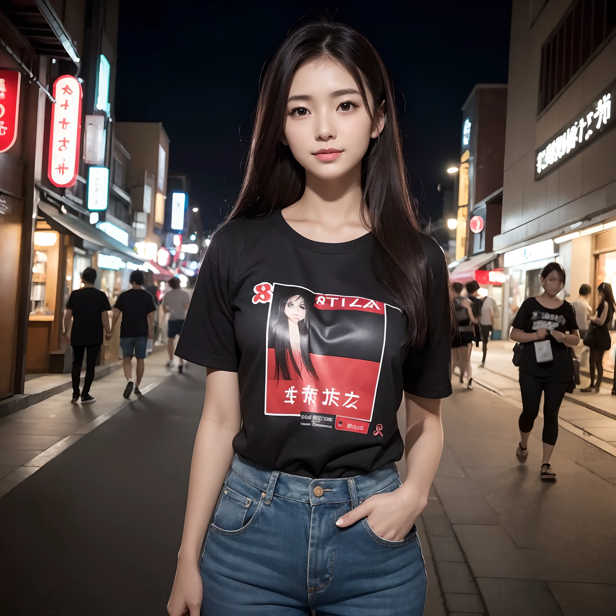 One beauty、((best qualtiy、8k masterpieces:1.3))、foco nítido:1.2、(ultra beautiful faces:1.0)、(shinny skin:1.0)、photos realistic、A dark-haired、Video Lighting、High-definition eyes and face、Video Lighting、25-year-old Japan actress、from the front side、medium breasts、Smile、Slender Abs Beauty、Whole body、Wearing a Japan T-shirt、In the downtown area at night