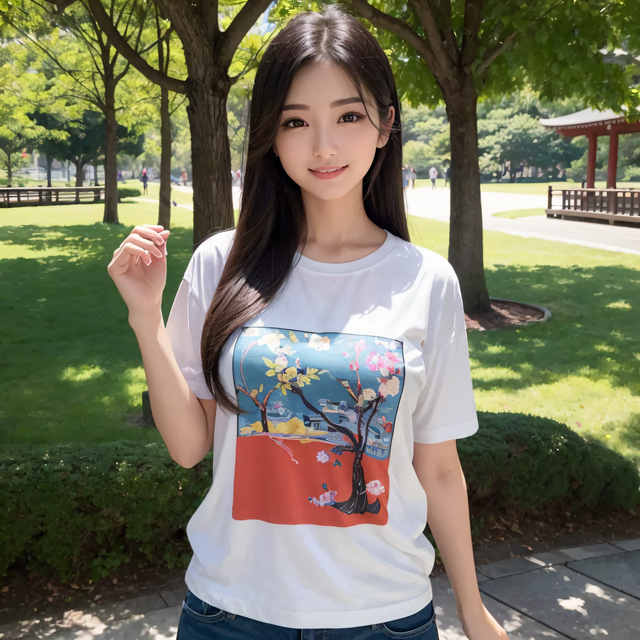 One beauty、((best qualtiy、8k masterpieces:1.3))、foco nítido:1.2、(ultra beautiful faces:1.0)、(shinny skin:1.0)、photos realistic、A dark-haired、Video Lighting、High-definition eyes and face、Video Lighting、25-year-old Japan actress、from the front side、medium breasts、Smile、Slender Abs Beauty、Whole body、Wearing a Japan T-shirt、In the park in the morning
