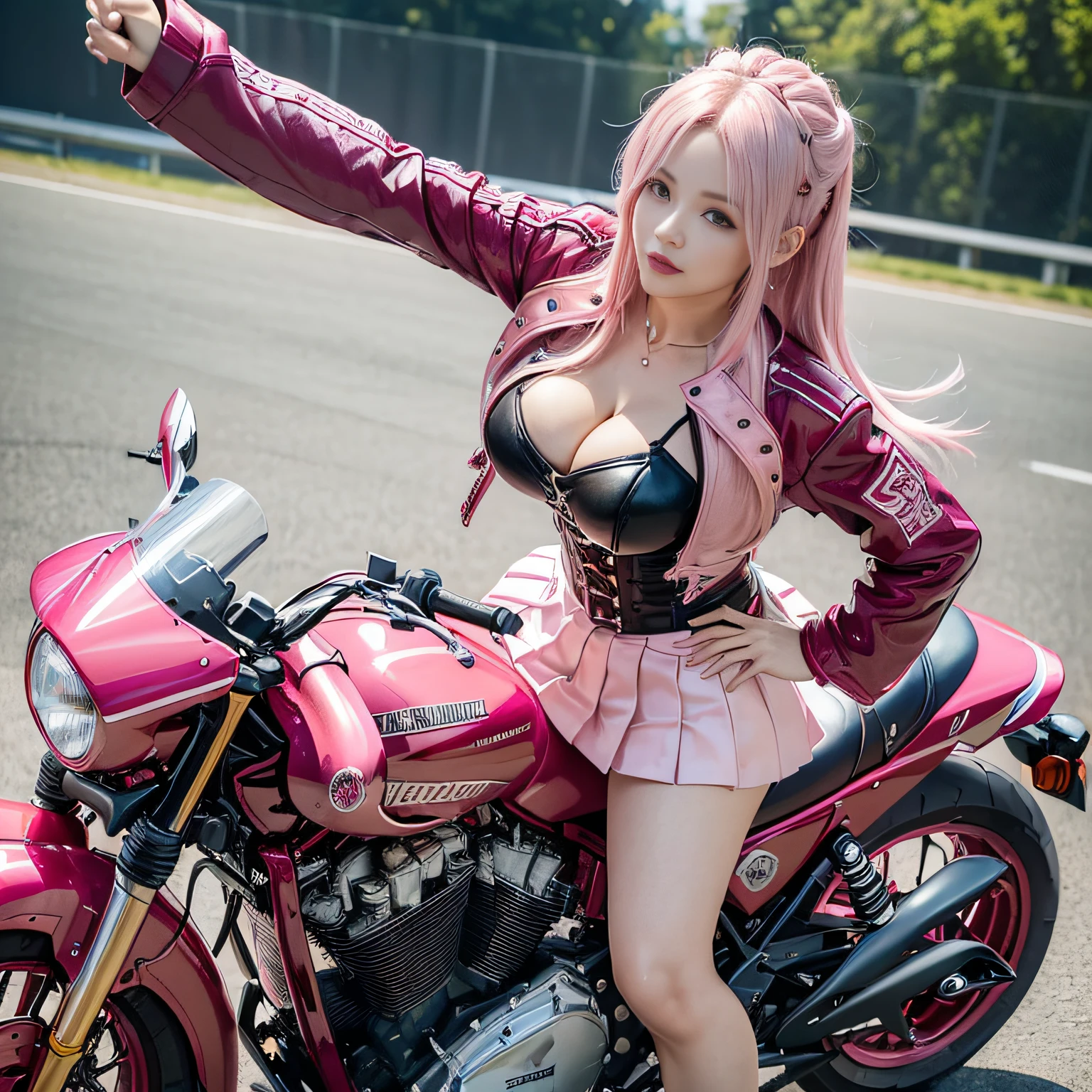 (Best Quality,masutepiece:1.5),Illustration,(1girl in,Solo, Motion Shots:1.2), Full body,Mechanical,Mechanical body,mechs, (Shiny pink hair:1.3), (Speed posture and facial expressions that show that you love the person you are looking at muscles), (Ride a bike away from the camera), nice round ass, Racetrack, (Pink and burgundy red Oversized motorcycle with many logos:1.3), (Pink and burgundy red sport oversized bike:1.3), cute features, Braids on both sides,(Japanese actressl,beautiful mature lady,Very cute),(Burgundy red and pink short jacket pleated skirt,Many logos),(Corset bustier,revealing cleavage)