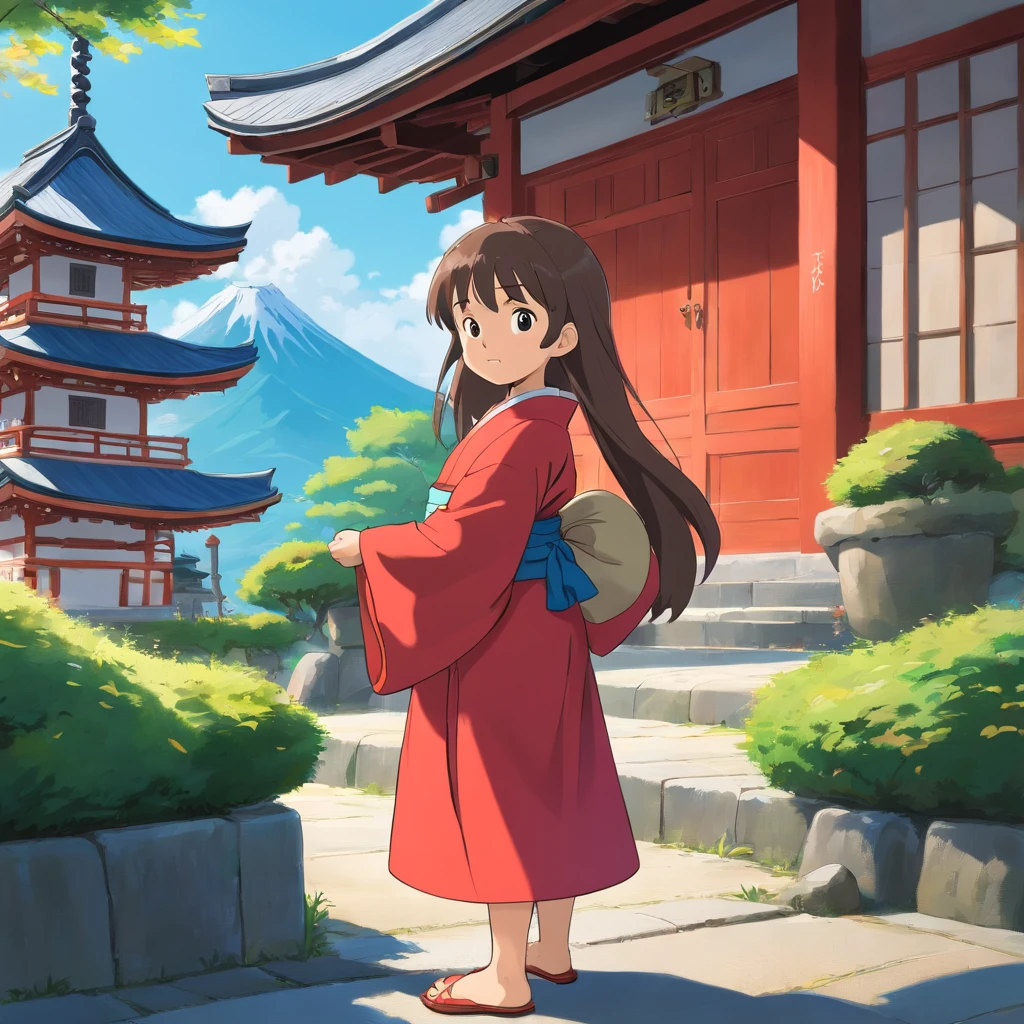 6 year old Japanese girl, Long hair, Front view, full bodyesbian, Set against a Japanese temple, com arvores, rios, A very beautiful sunny day. The little girl will be wearing a red kimono, shot from a far distance，full bodyesbian，Barefoot，Wearing clogs
