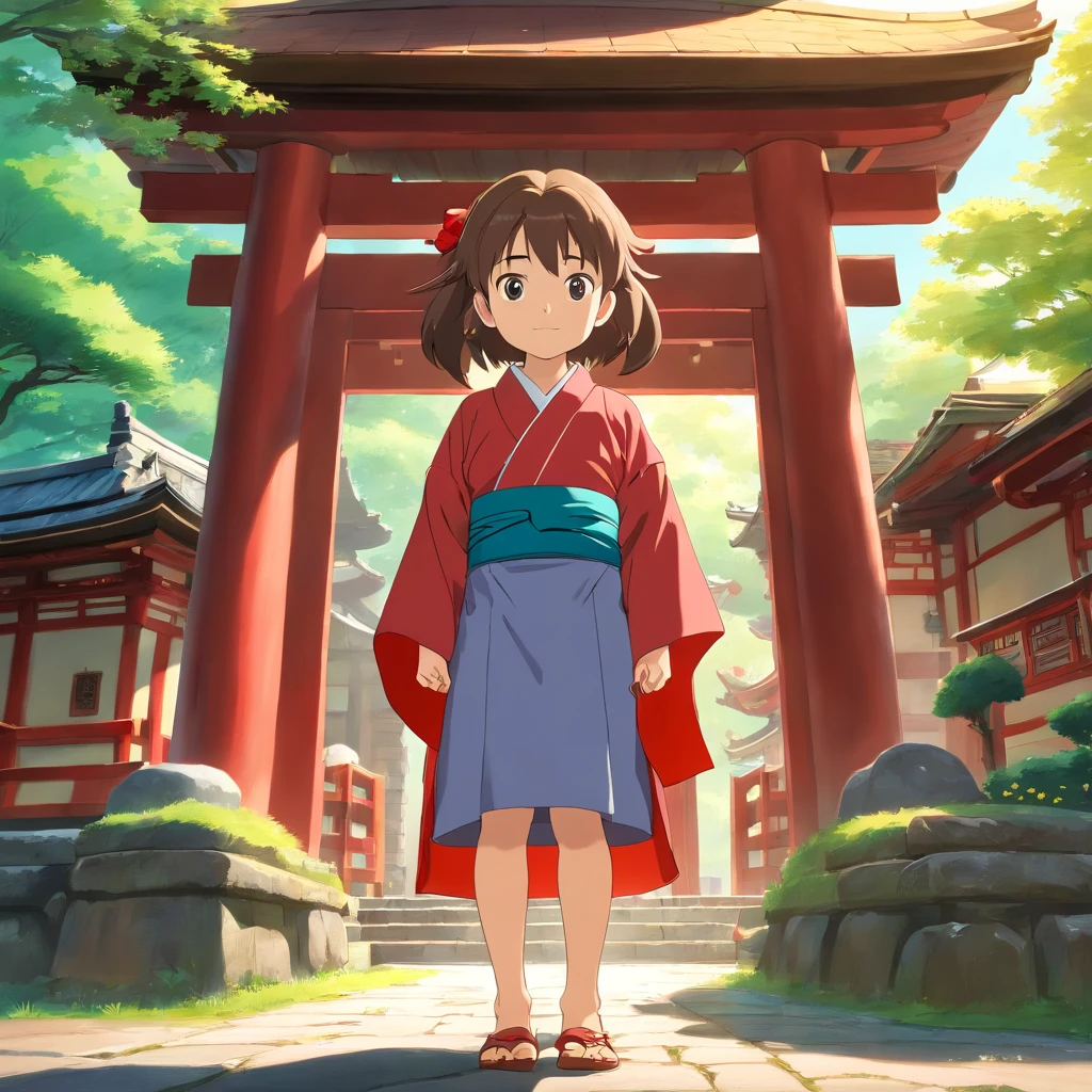 6 year old Japanese girl, Long hair, Front view, full bodyesbian, Set against a Japanese temple, com arvores, rios, A very beautiful sunny day. The little girl will be wearing a red kimono, shot from a far distance,full bodyesbian,Barefoot,Wearing clogs