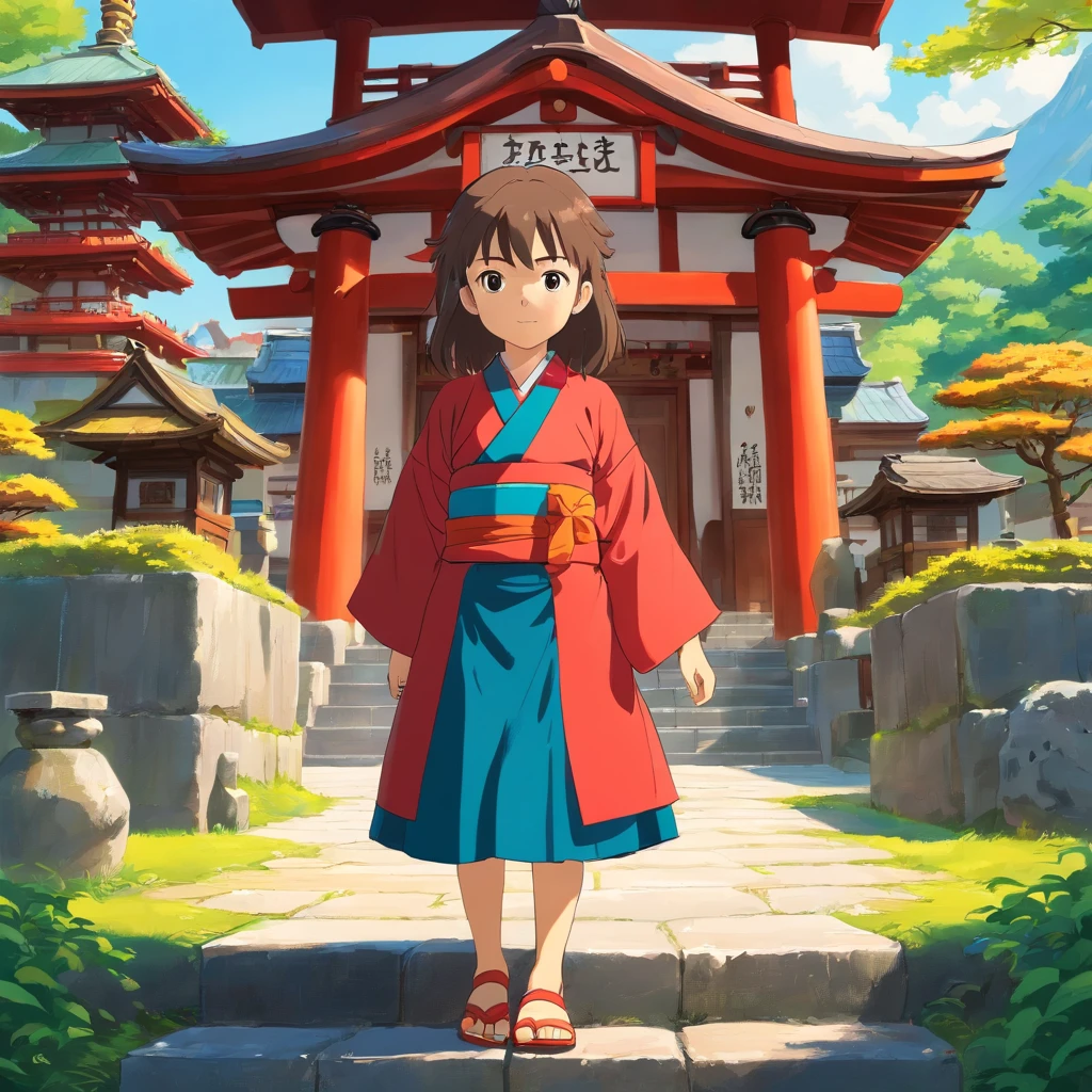 6 year old Japanese girl, Long hair, Front view, full bodyesbian, Set against a Japanese temple, com arvores, rios, A very beautiful sunny day. The little girl will be wearing a red kimono, shot from a far distance,full bodyesbian,Barefoot,Wearing clogs