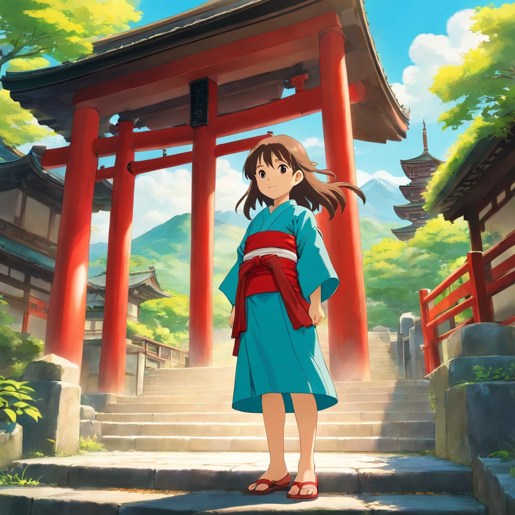 6 year old Japanese girl, Long hair, Front view, full bodyesbian, Set against a Japanese temple, com arvores, rios, A very beautiful sunny day. The little girl will be wearing a red kimono, shot from a far distance,full bodyesbian,Barefoot,Wearing clogs