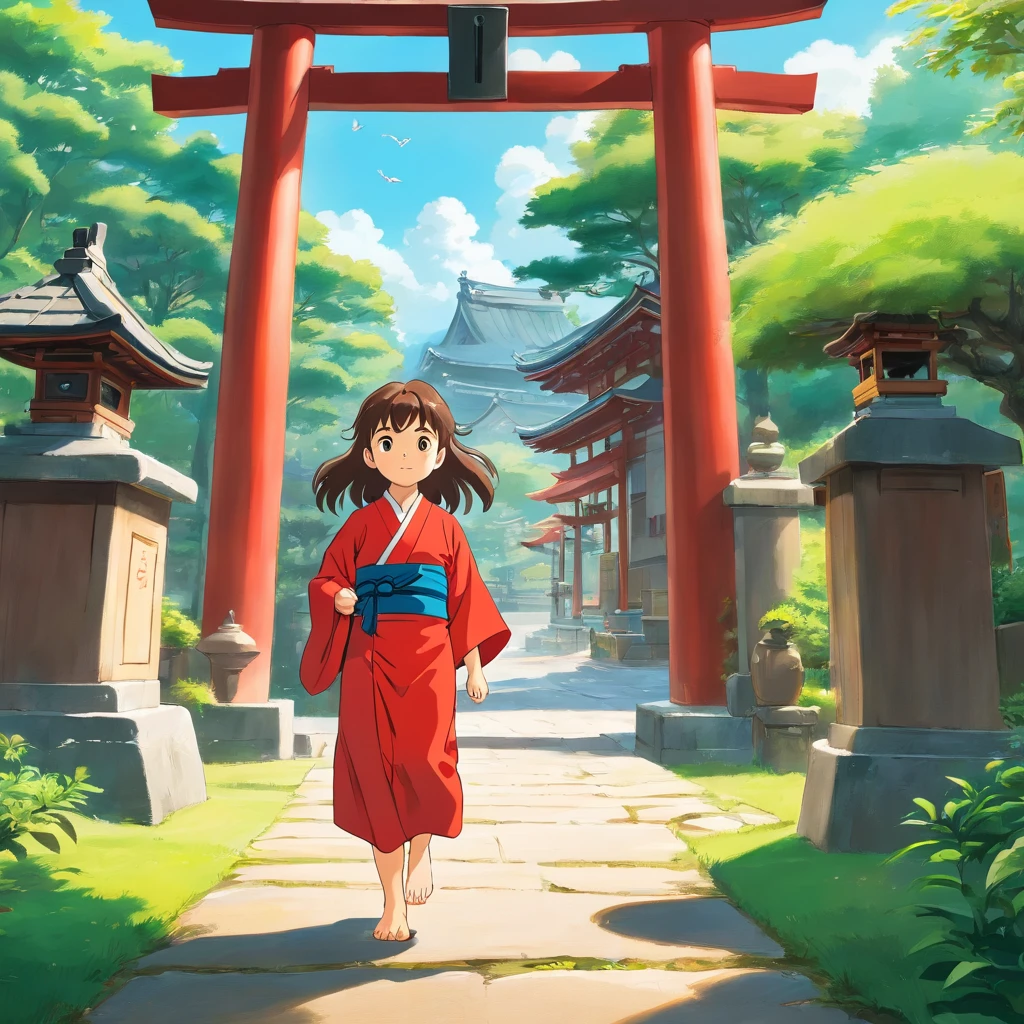 6 year old Japanese girl, Long hair, Front view, full bodyesbian, Set against a Japanese temple, com arvores, rios, A very beautiful sunny day. The little girl will be wearing a red kimono, shot from a far distance，full bodyesbian，Barefoot，Wearing clogs
