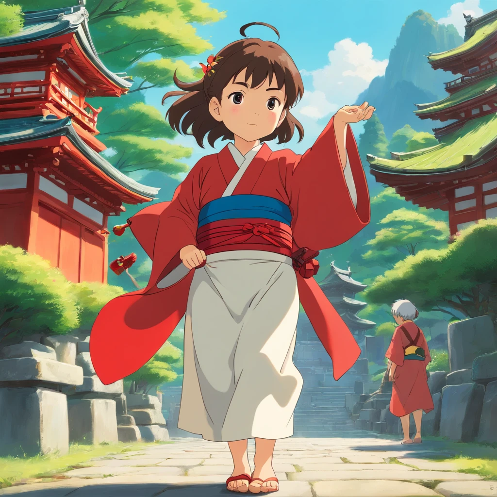 6 year old Japanese girl, Long hair, Front view, full bodyesbian, Set against a Japanese temple, com arvores, rios, A very beautiful sunny day. The little girl will be wearing a red kimono, shot from a far distance，full bodyesbian，Barefoot，Wearing clogs