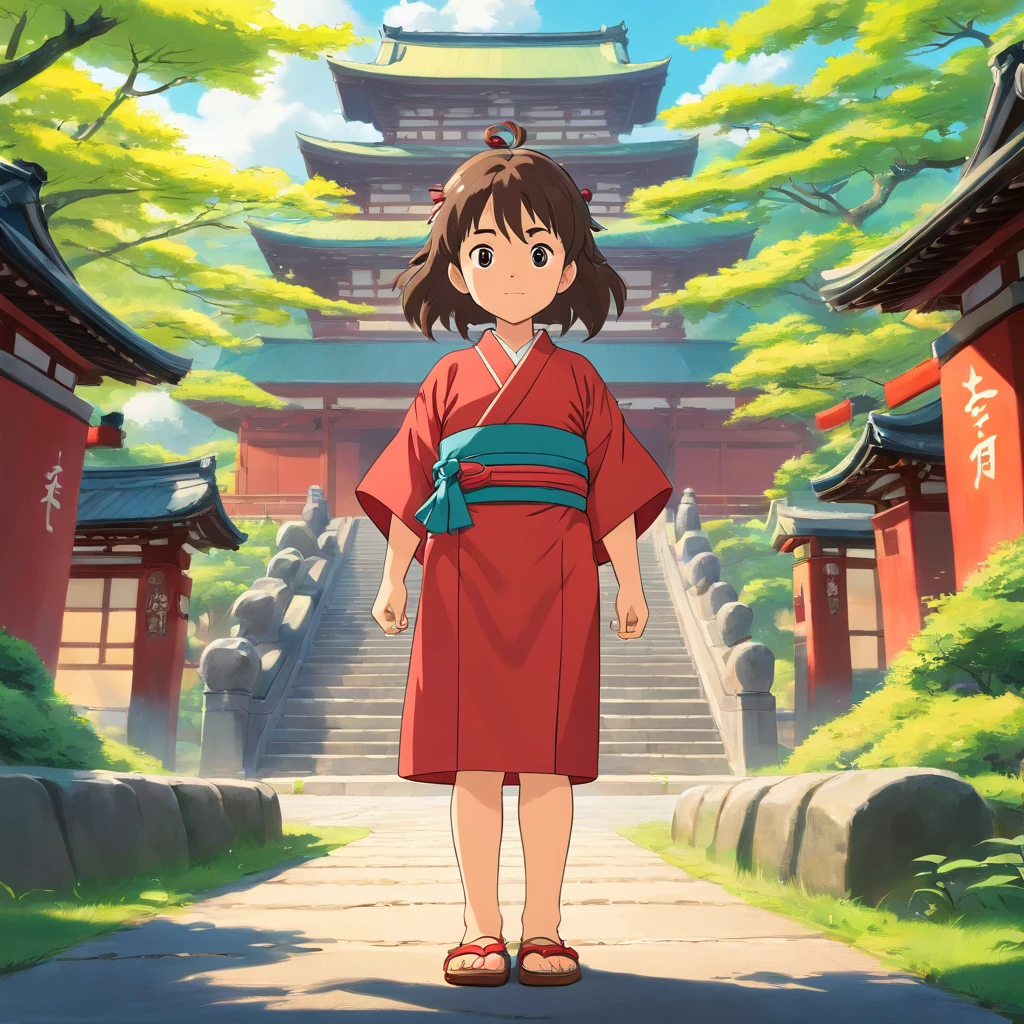 6 year old Japanese girl, Long hair, Front view, full bodyesbian, Set against a Japanese temple, com arvores, rios, A very beautiful sunny day. The little girl will be wearing a red kimono, shot from a far distance，full bodyesbian，Barefoot，Wearing clogs