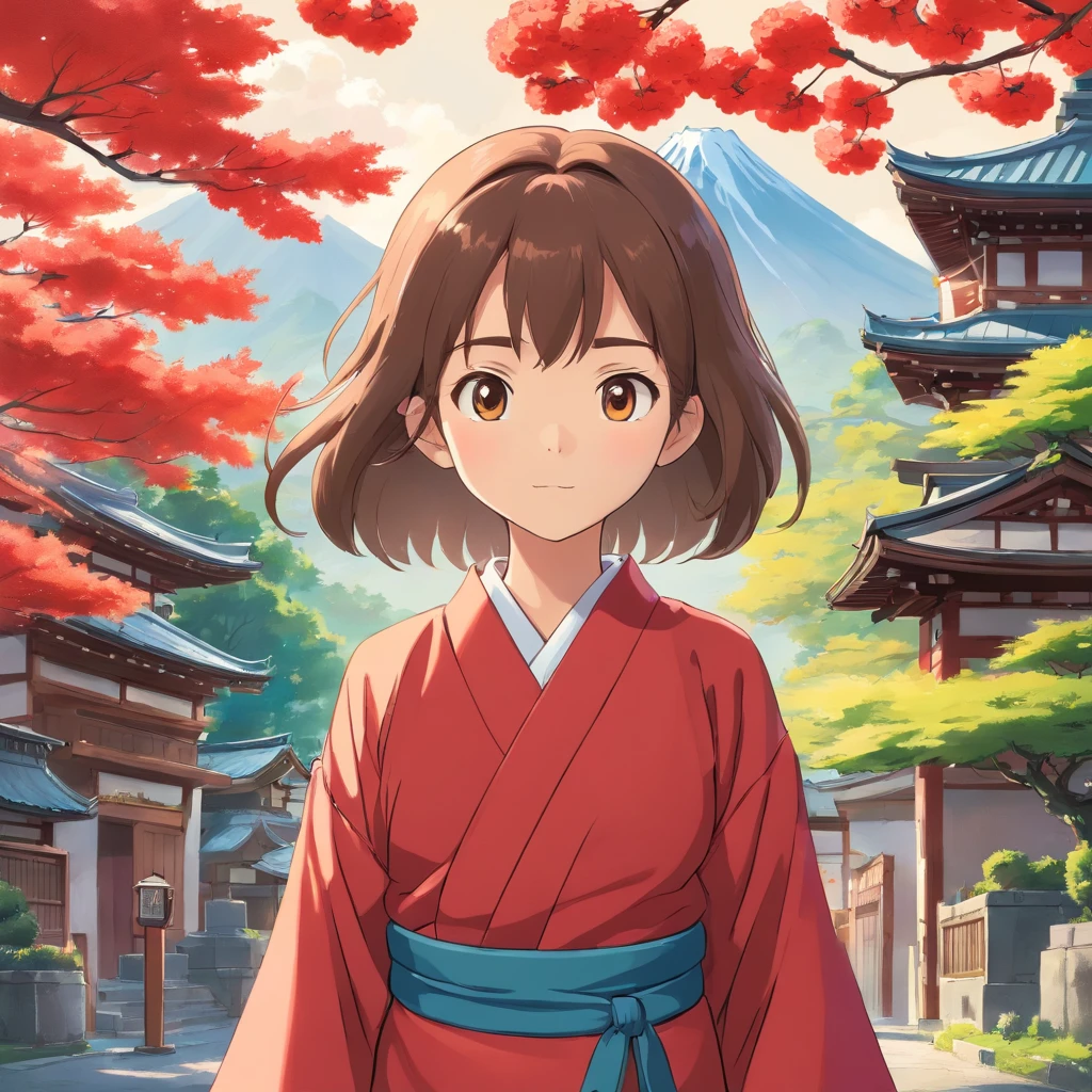 6  Japanese girl, Long hair, Front view, full bodyesbian, Set against a Japanese temple, com arvores, rios, A very beautiful sunny day. The little gll be wearing a red kimono, shot from a far distance，full bodyesbian，Barefoot，Wearing clogs