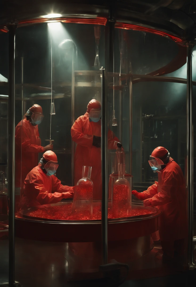 (best quality,highres),(realistic:1.37),(conceptual artwork),(portraits),(mysterious transparent creature with red blood being observed by scientists wearing masks in a laboratory),(detailed,scientific laboratory),(special containment unit),(advanced research facility),(intense focus),(bright,clinical lighting),(glass tanks),(scientific instruments),(biochemical analysis),(experiments),(exposing metamaterial properties),(startling visual impact),(hauntingly beautiful),(ethereal atmosphere),(subtle glow),(submerged in fluid),(unearthly,otherworldly:1.1),(enigmatic,intriguing:1.2),(elegant,graceful movements),(curious scientists),(meticulous documentation),(captivating,unpredictable),(discovering the unknown),(endless possibilities),(intense curiosity),(wh