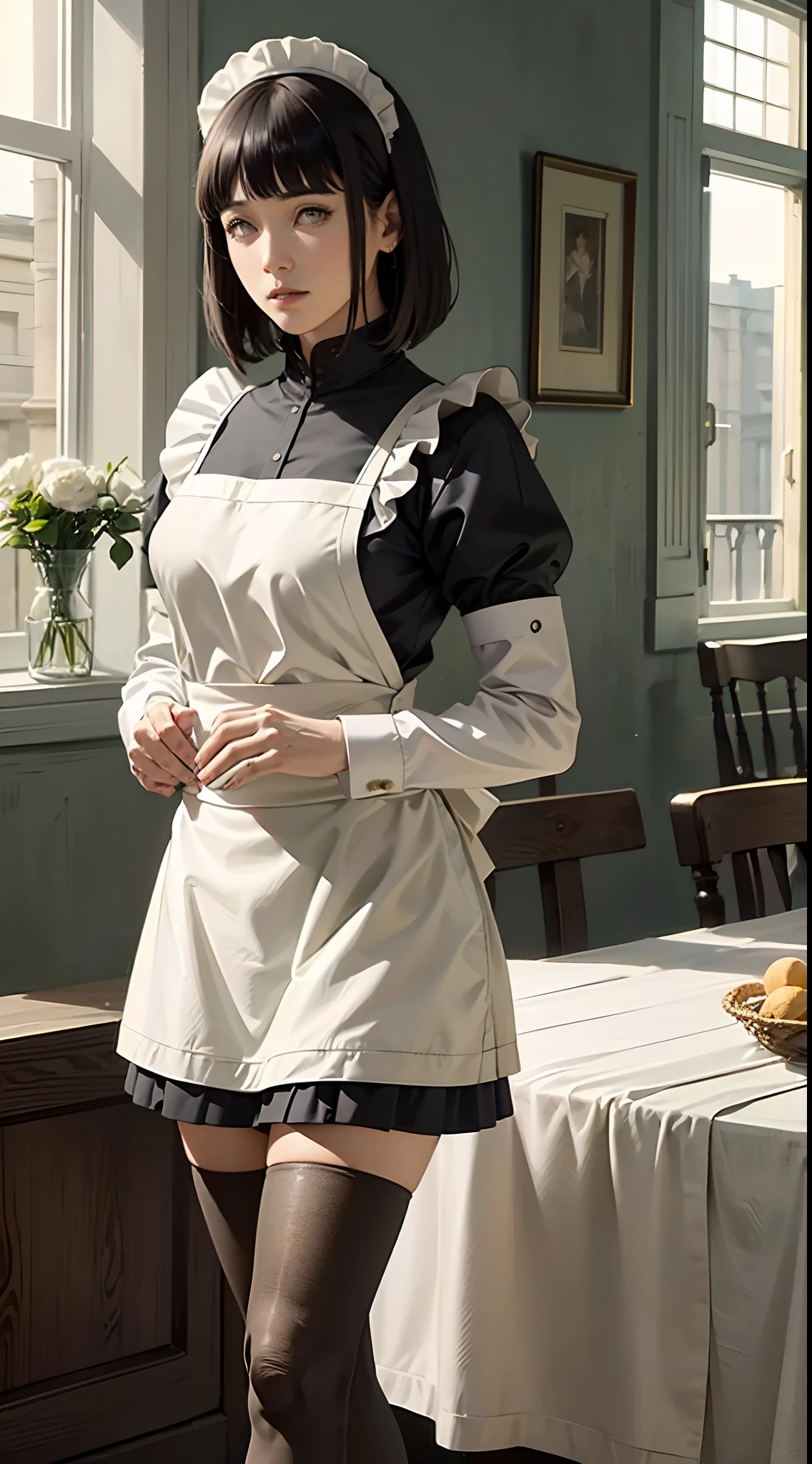 Pixel Hinata.Hinata\(bolts\), (masterpiece:1.2), bright skin、low angles、(Stockings、garterbelts、Black tights、Thin leg、beauty legs)、(top-quality、At 8K、32K、masterpiece、nffsw、超A high resolution、Impresionismo、Photorealsitic:1.2)、Dark hair、Frosted glass、backs、turned around、Thin woman、((Maid costumes、white maid apron、frills skirt、((Ultra mini skirt))