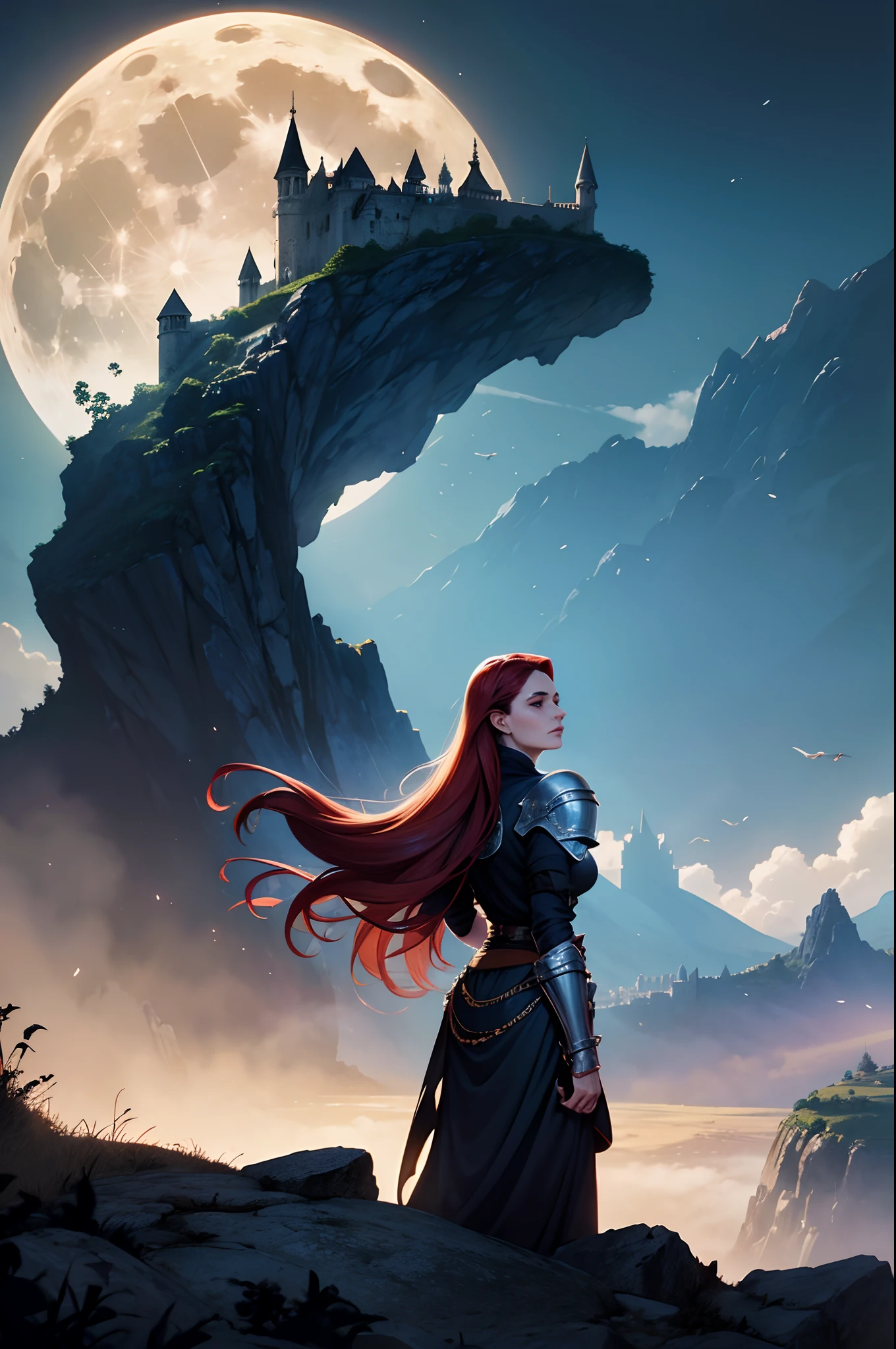 Uma mulher maravilhosa com cabelo laranja curto, ruiva, olhos azuis safira, with Gothic armor medieval moon city, dramatic scene, 8k, magnifica, on top of a tall rock and behind a crowded city, manto, capa, vestir, 8k, fluttering cover, standing and arms crossed, outono, Blue sky full of clouds , manto, dramatic scene, Magnificent, 8k